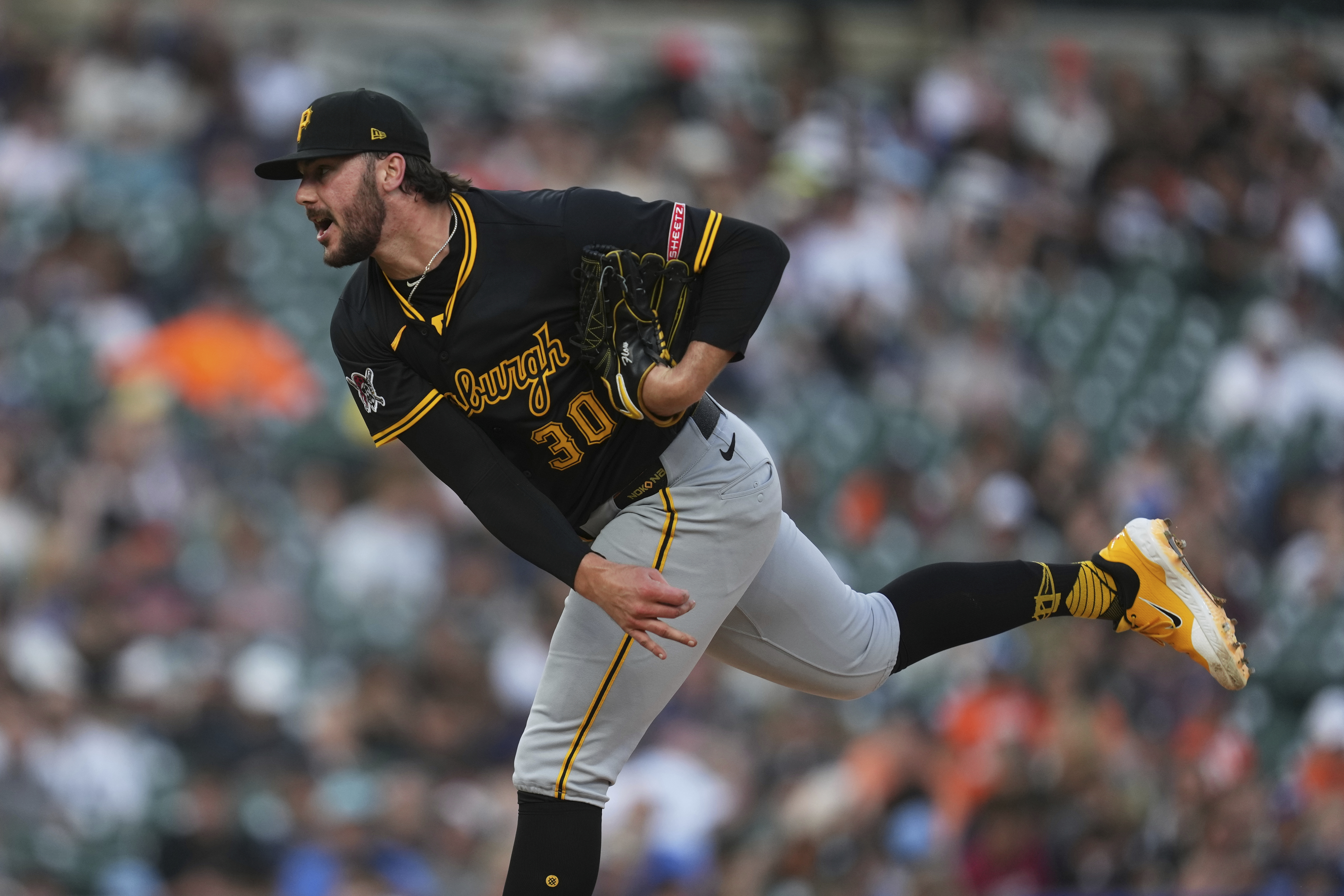 Pittsburgh Pirates pitcher Paul Skenes throws against the Detroit Tigers in the sixth inning during the second baseball game of a doubleheader, Thursday, June 19, 2025, in Detroit. 