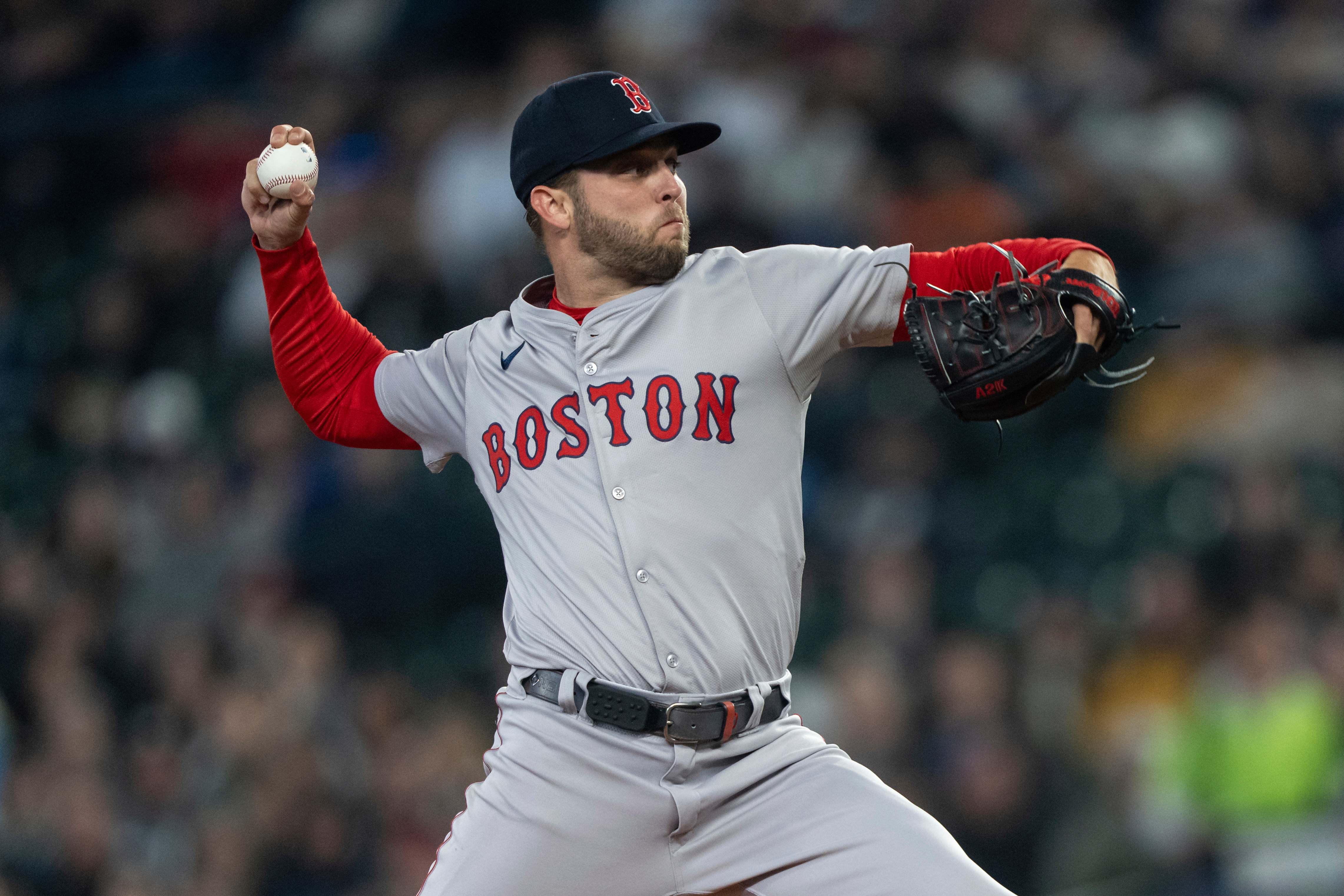 FILE - Boston Red Sox starter Kutter Crawford delivers a pitch against the Seattle Mariners during a baseball game, Saturday, March 30, 2024, in Seattle. 