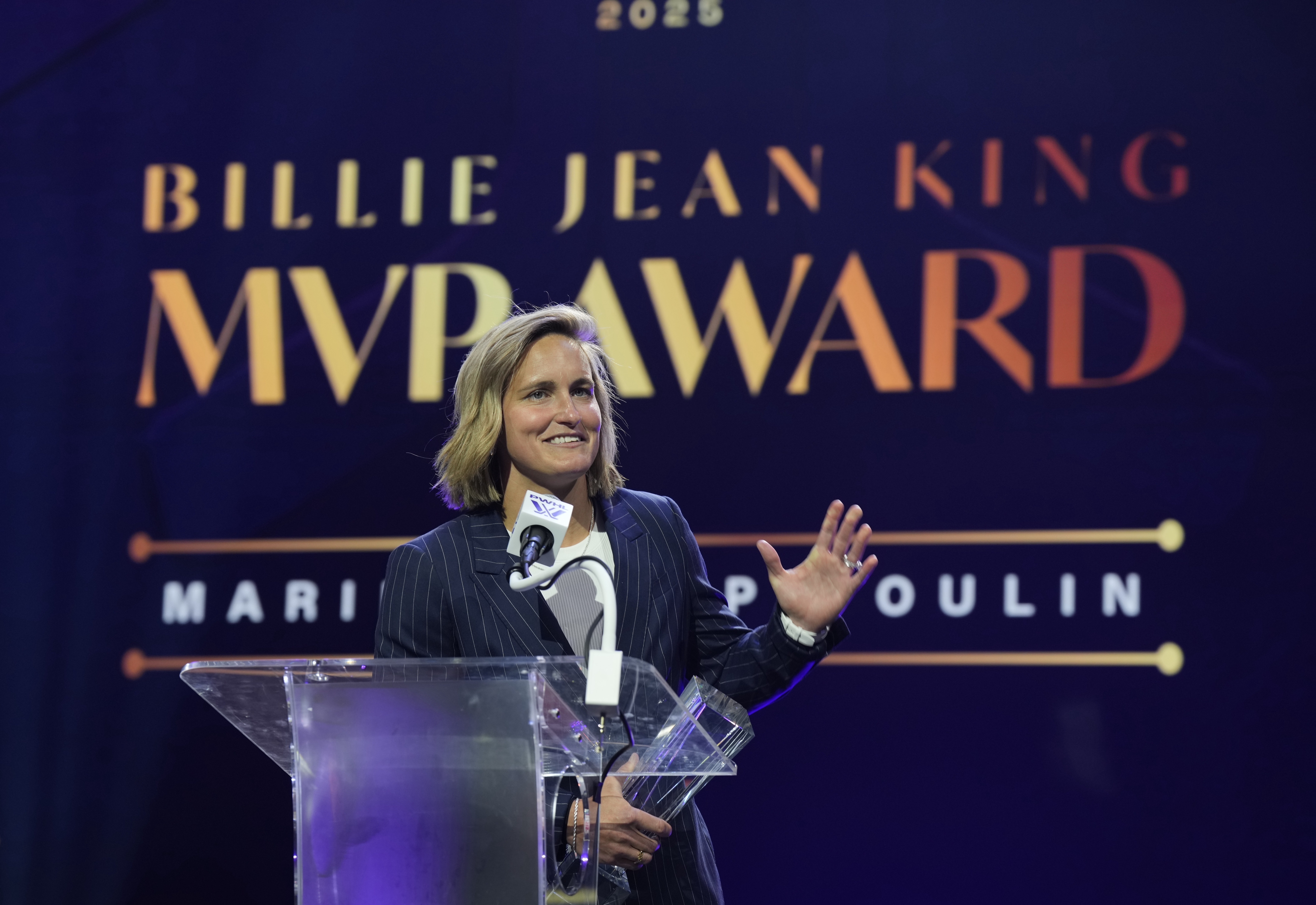Montreal Victoire's Marie-Philip Poulin accepts the Billie Jean King MVP Award during the PWHL women's hockey awards in Ottawa, Ontario,, Wednesday June 25, 2025. 