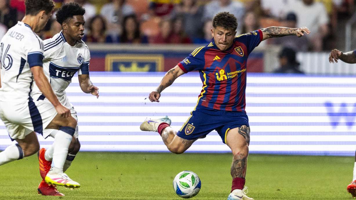 Real Salt Lake midfielder Diego Luna (8) takes a shot on goal during a MLS match between Real Salt Lake and the Vancouver Whitecaps at America First Field in Sandy on Saturday, May 24, 2025.
