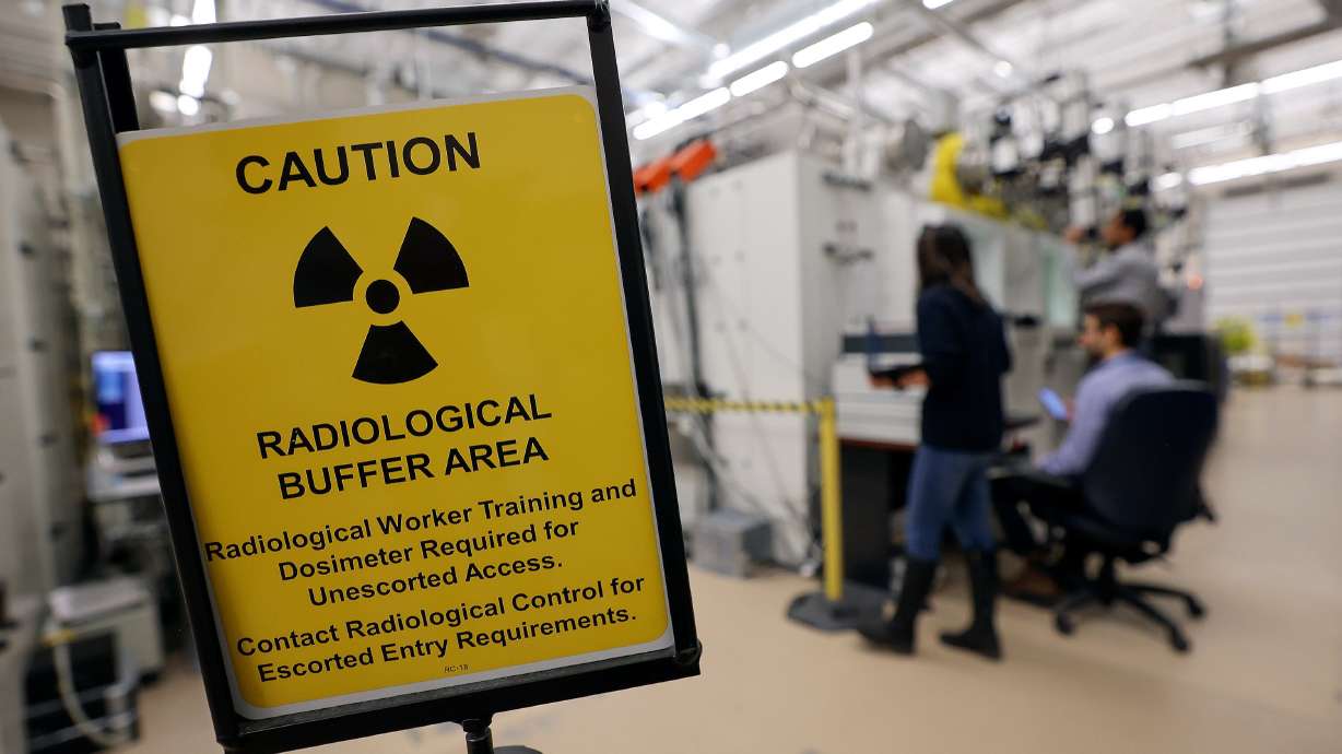 A radiological buffer area caution sign is pictured in the Materials and Fuels Complex at the Idaho National Laboratory in a remote area west of Idaho Falls, Idaho, on April 5, 2023.