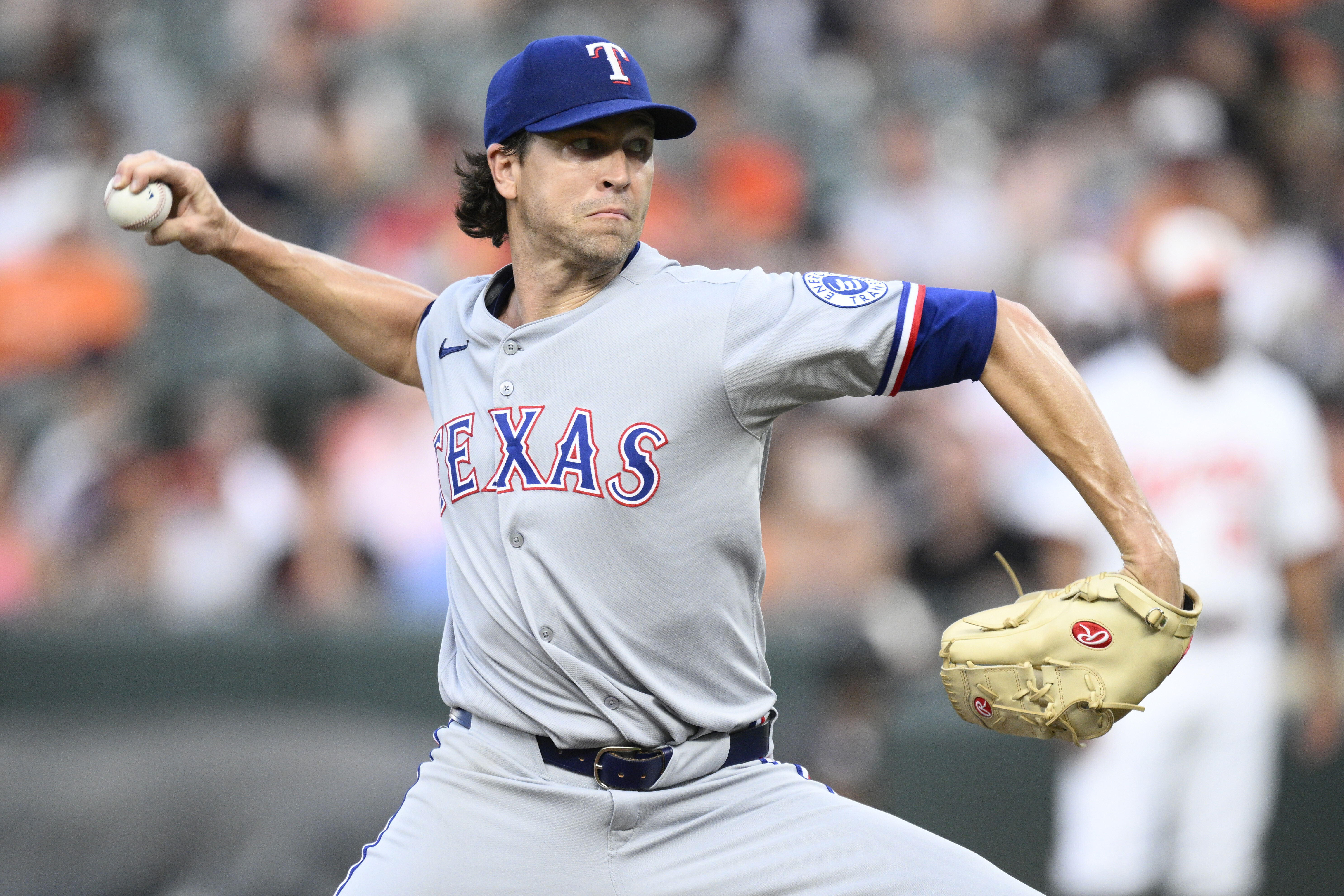 Texas Rangers starting pitcher Jacob deGrom throws during the second inning of a baseball game against the Baltimore Orioles, Wednesday, June 25, 2025, in Baltimore. 