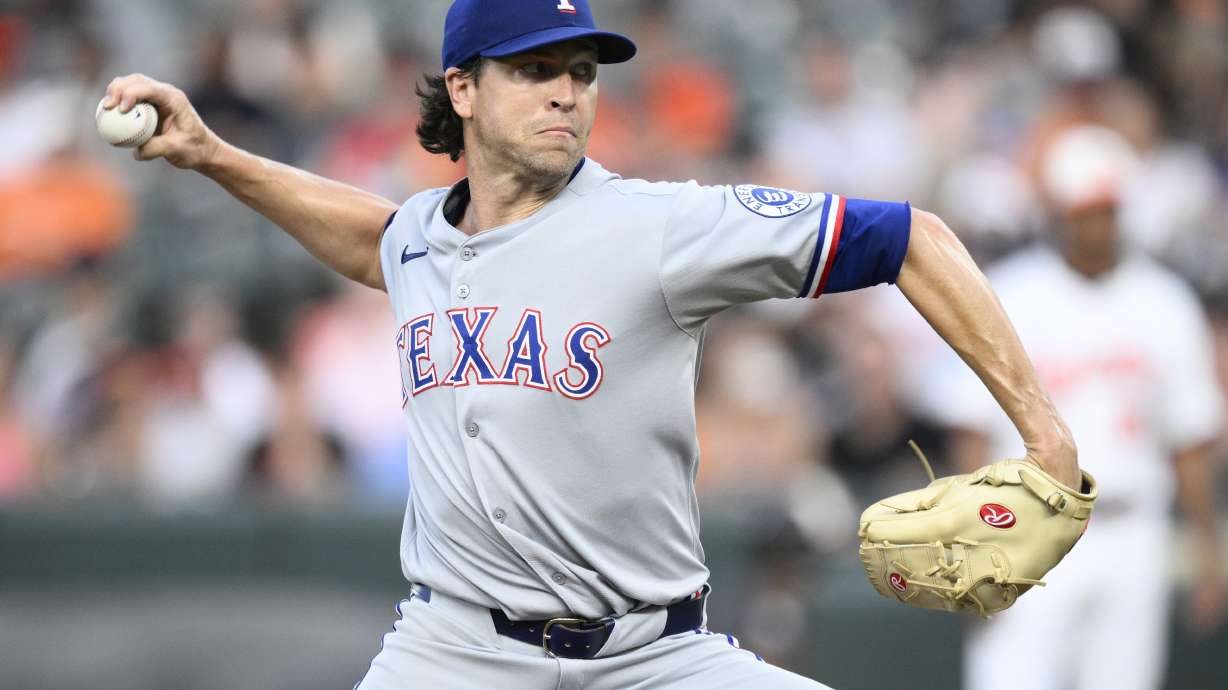 Texas Rangers starting pitcher Jacob deGrom throws during the second inning of a baseball game against the Baltimore Orioles, Wednesday, June 25, 2025, in Baltimore.