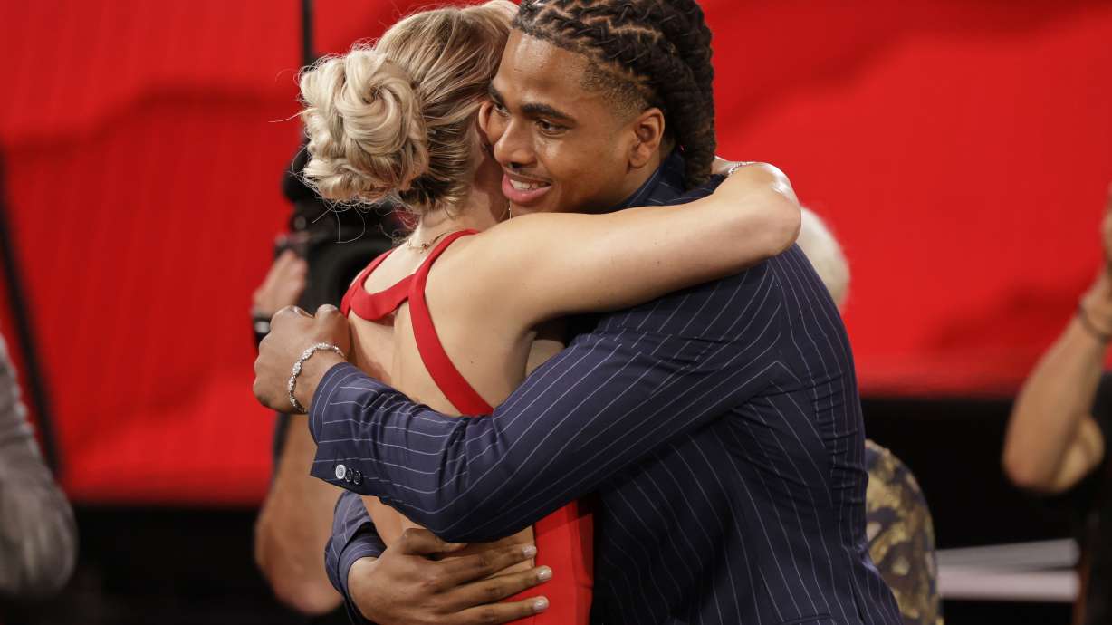 Collin Murray-Boyles reacts after being selected ninth by the Toronto Raptors in the first round of the NBA basketball draft, Wednesday, June 25, 2025, in New York.