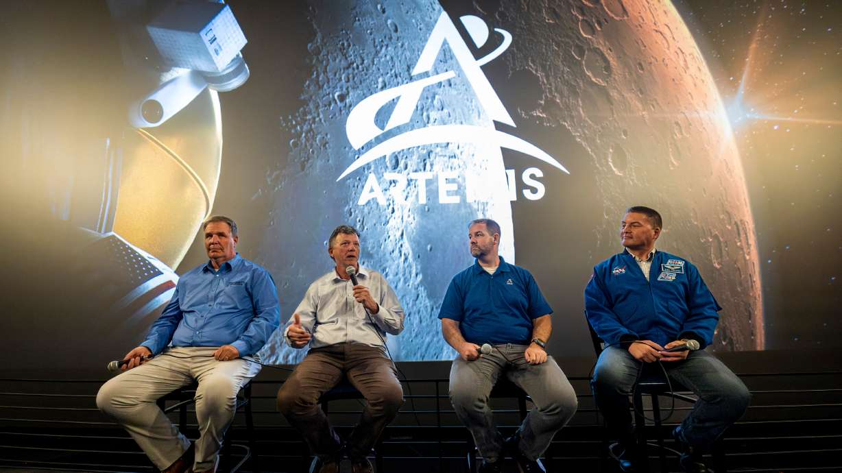 Stephen D. Creech, assistant deputy associate administrator for the Moon to Mars Program, speaks with Mark Pond, Dave Reynolds and Kjell Lindgren at the Clark Planetarium on Tuesday.