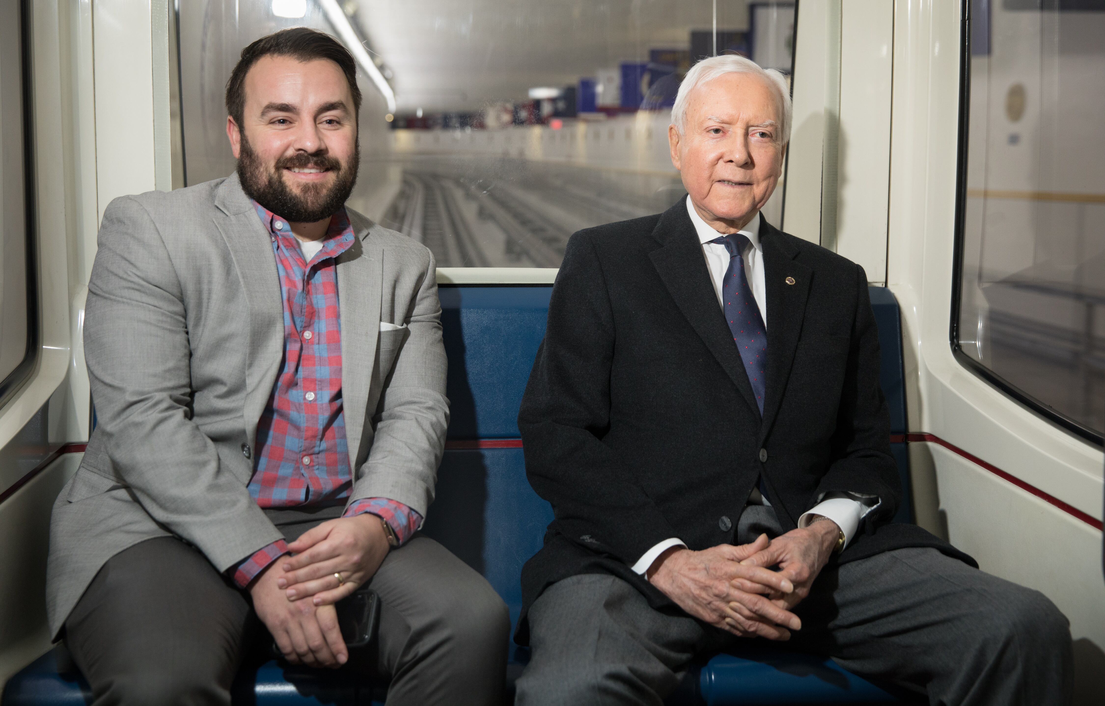 Spokesman Matt Whitlock and Sen. Orrin Hatch, R-Utah, ride the subway between the U.S. Capitol and Hatch's office on Oct. 22, 2018.