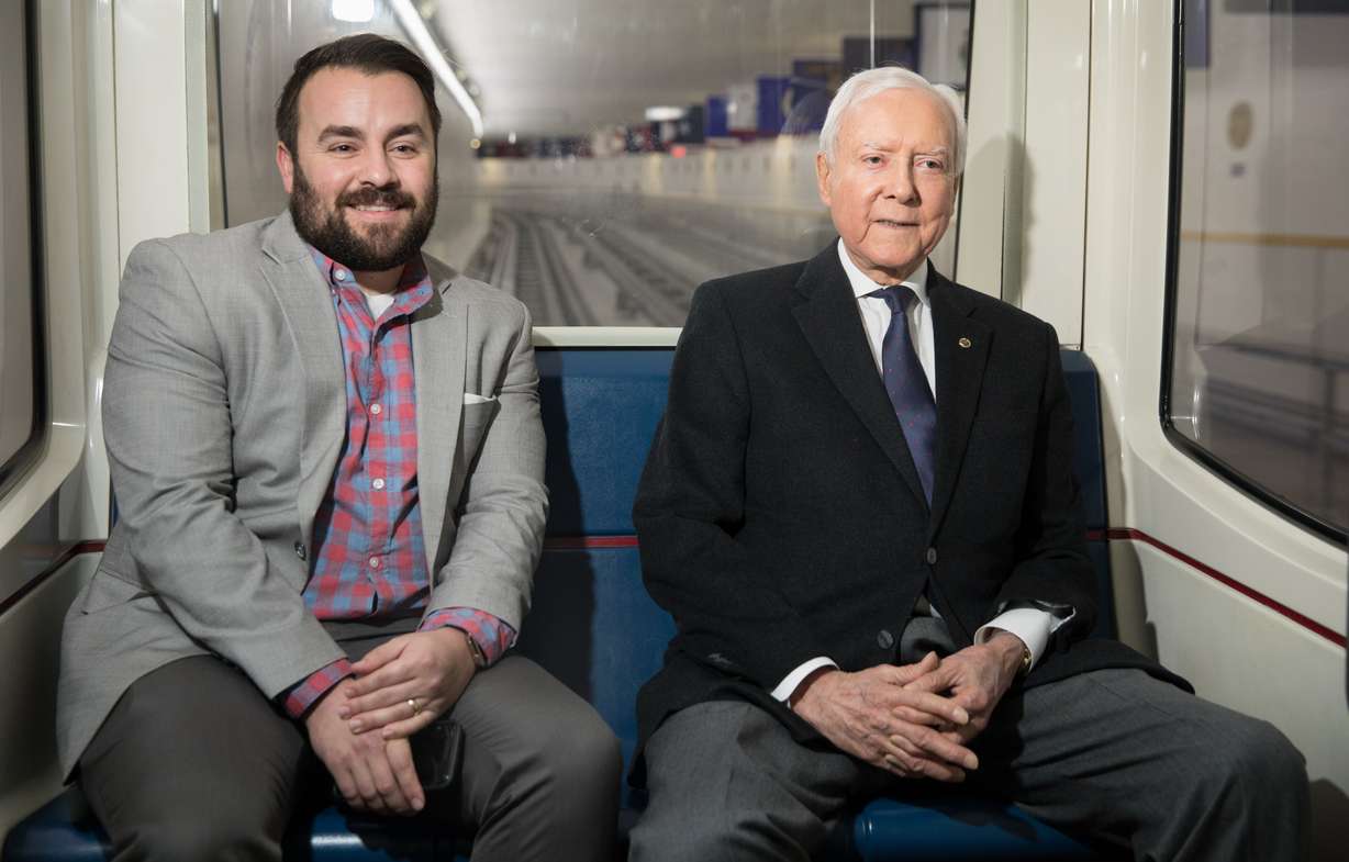 Spokesman Matt Whitlock and Sen. Orrin Hatch, R-Utah, ride the subway between the U.S. Capitol and Hatch's office on Oct. 22, 2018.