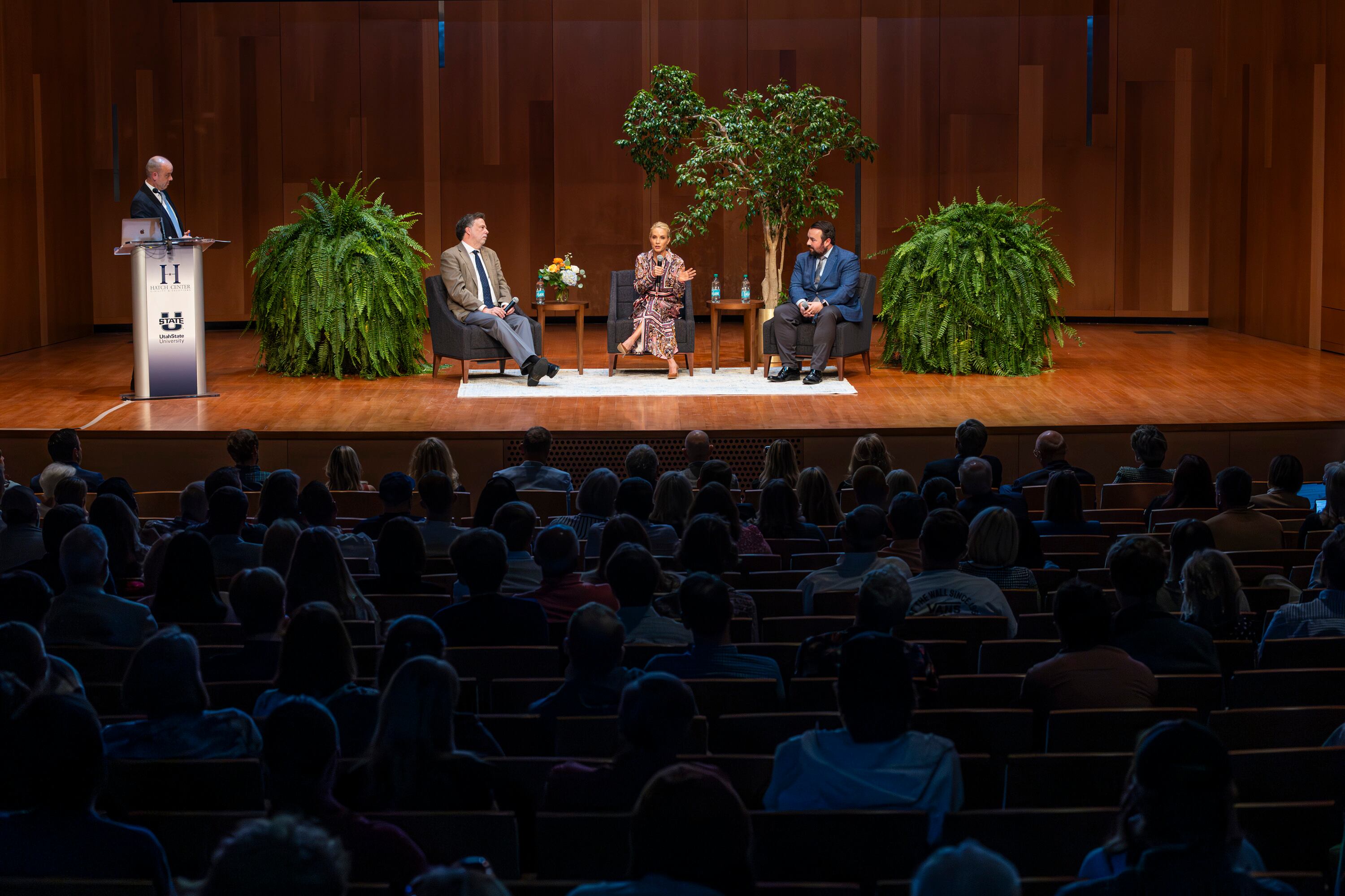 Dana Perino, Fox News anchor and host and former White House press secretary who served under President George W. Bush, speaks as she’s joined by Joseph P. Ward, dean of the College of Humanities and Social Sciences at Utah State University, left, and Matt Whitlock, former spokesman for Sen. Orrin Hatch, R-Utah, right, during a symposium at Utah State University on Oct. 4, 2024.