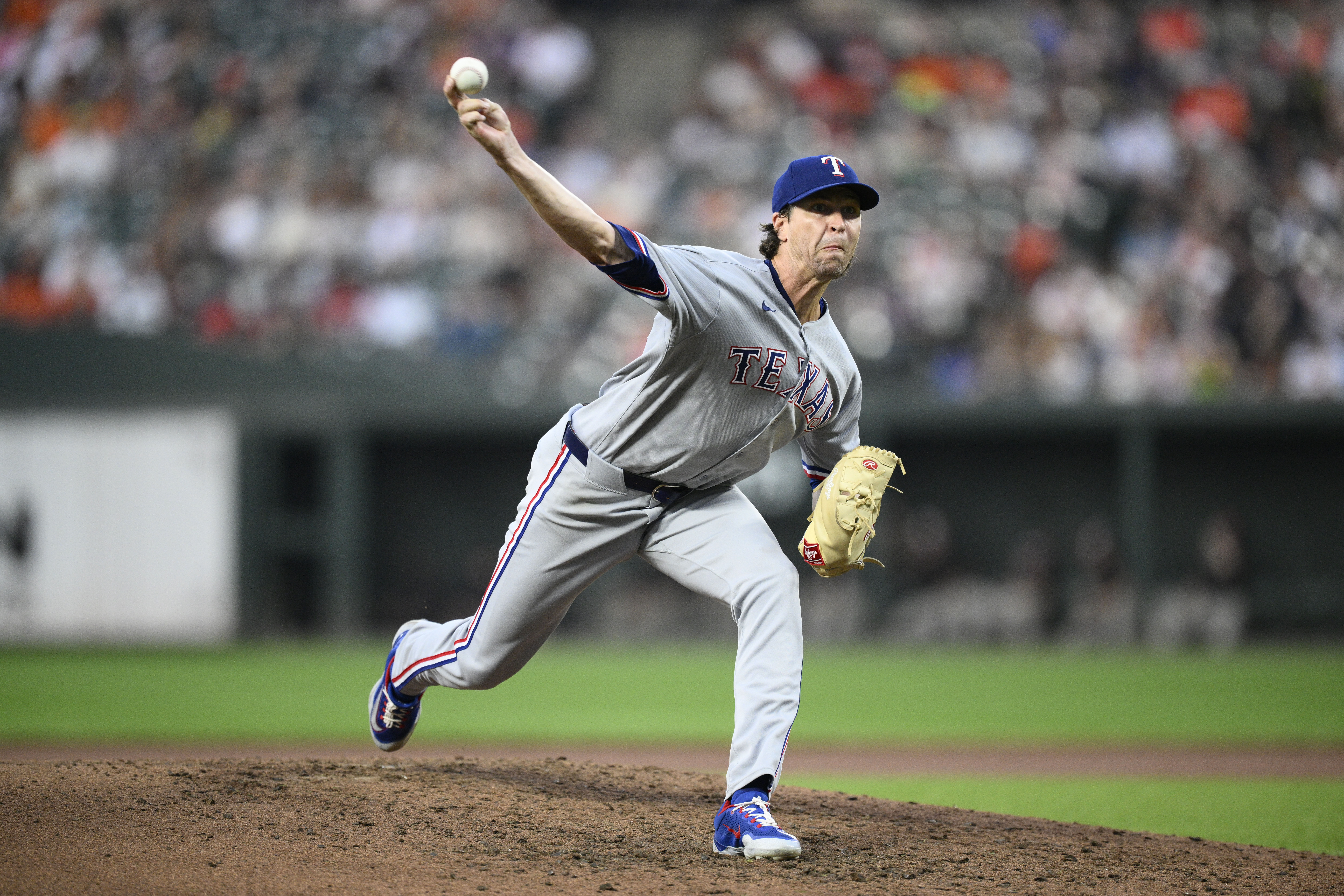 Texas Rangers starting pitcher Jacob deGrom throws during the fifth inning of a baseball game against the Baltimore Orioles, Wednesday, June 25, 2025, in Baltimore. 