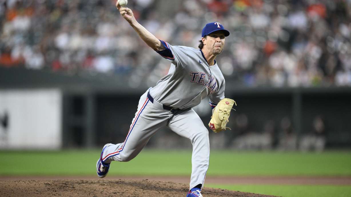 Texas Rangers starting pitcher Jacob deGrom throws during the fifth inning of a baseball game against the Baltimore Orioles, Wednesday, June 25, 2025, in Baltimore.