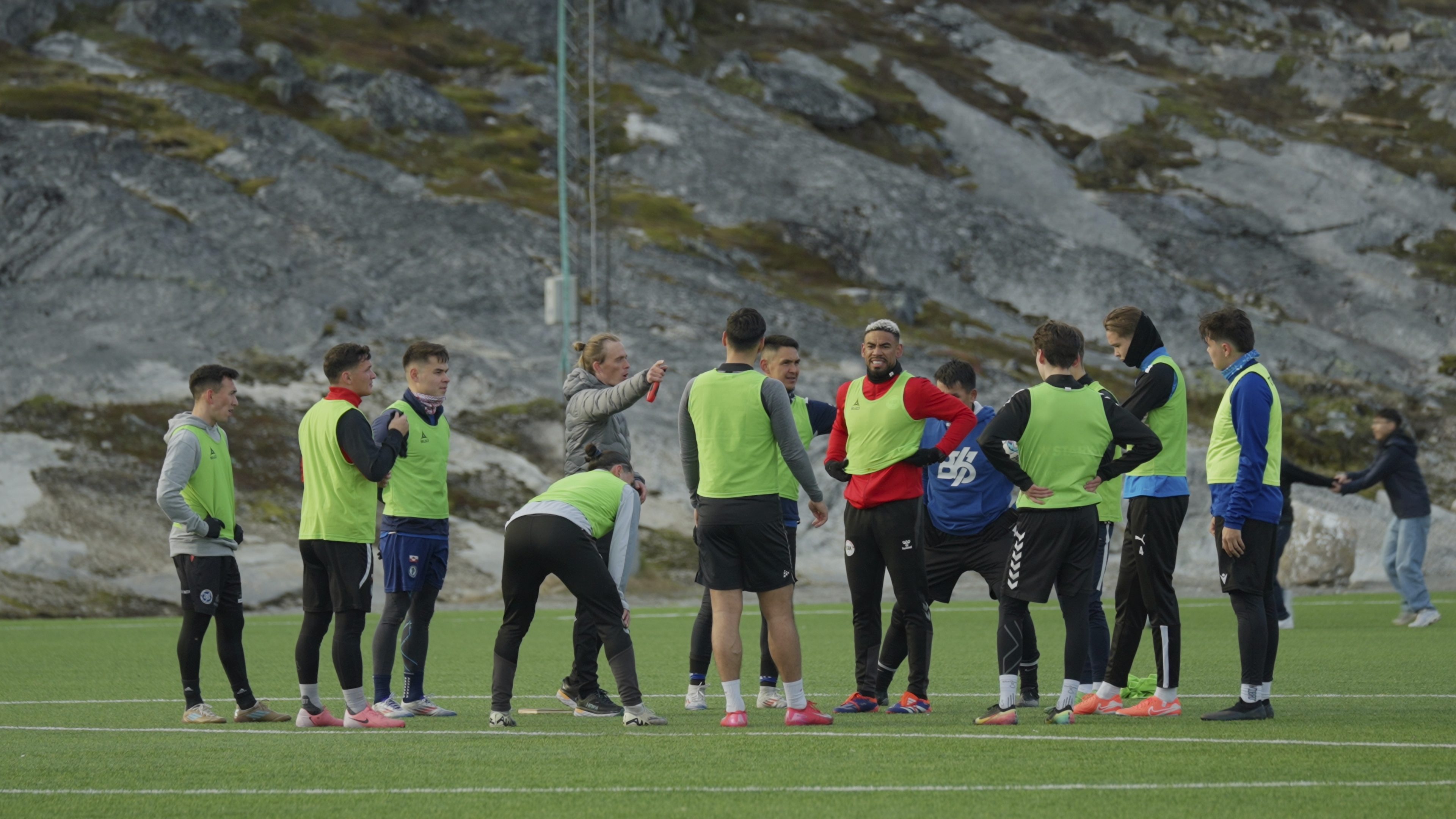 Greenland's soccer and futsal players huddle during a training session at Nuuk stadium in Nuuk, Greenland, Tuesday, June 17, 2025.