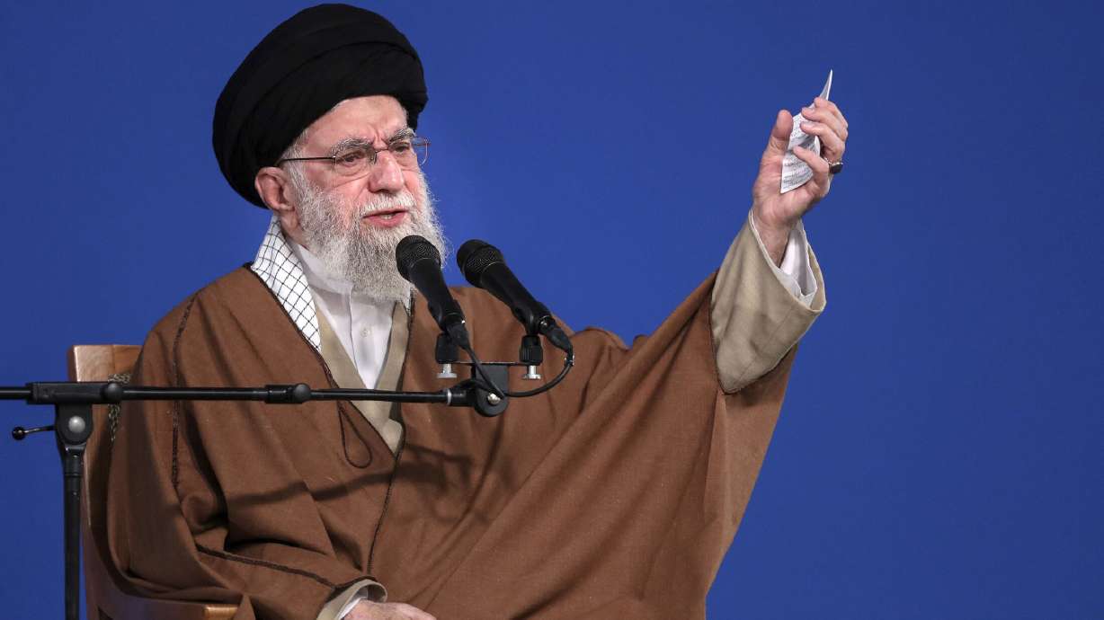 In this photo released by the official website of the office of the Iranian supreme leader, Supreme Leader Ayatollah Ali Khamenei speaks to a group of people and officials in Tehran, Iran, March 21.