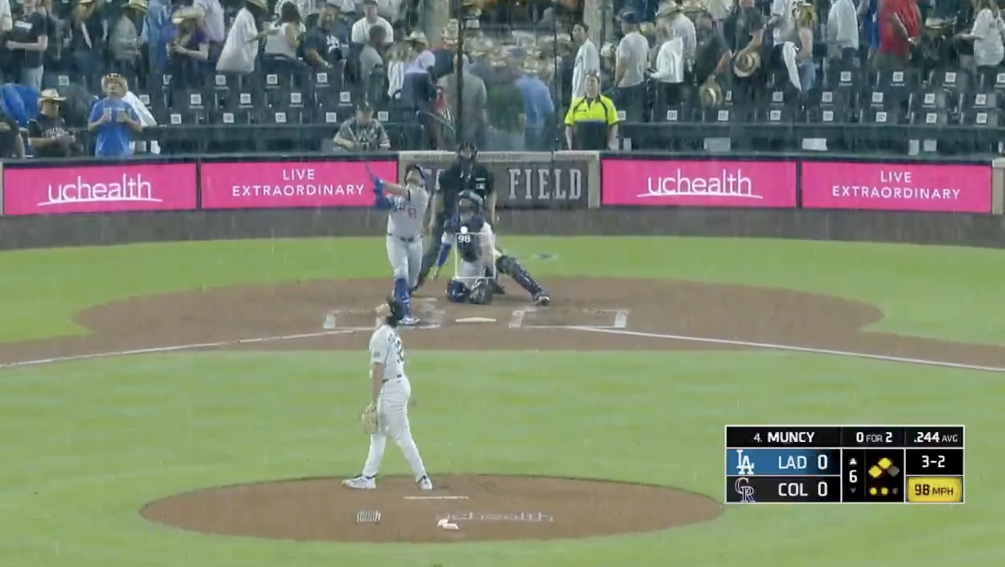 The Rockies and Dodgers tried to muster through their game as the heavens opened up over Denver — and chaos ensued.