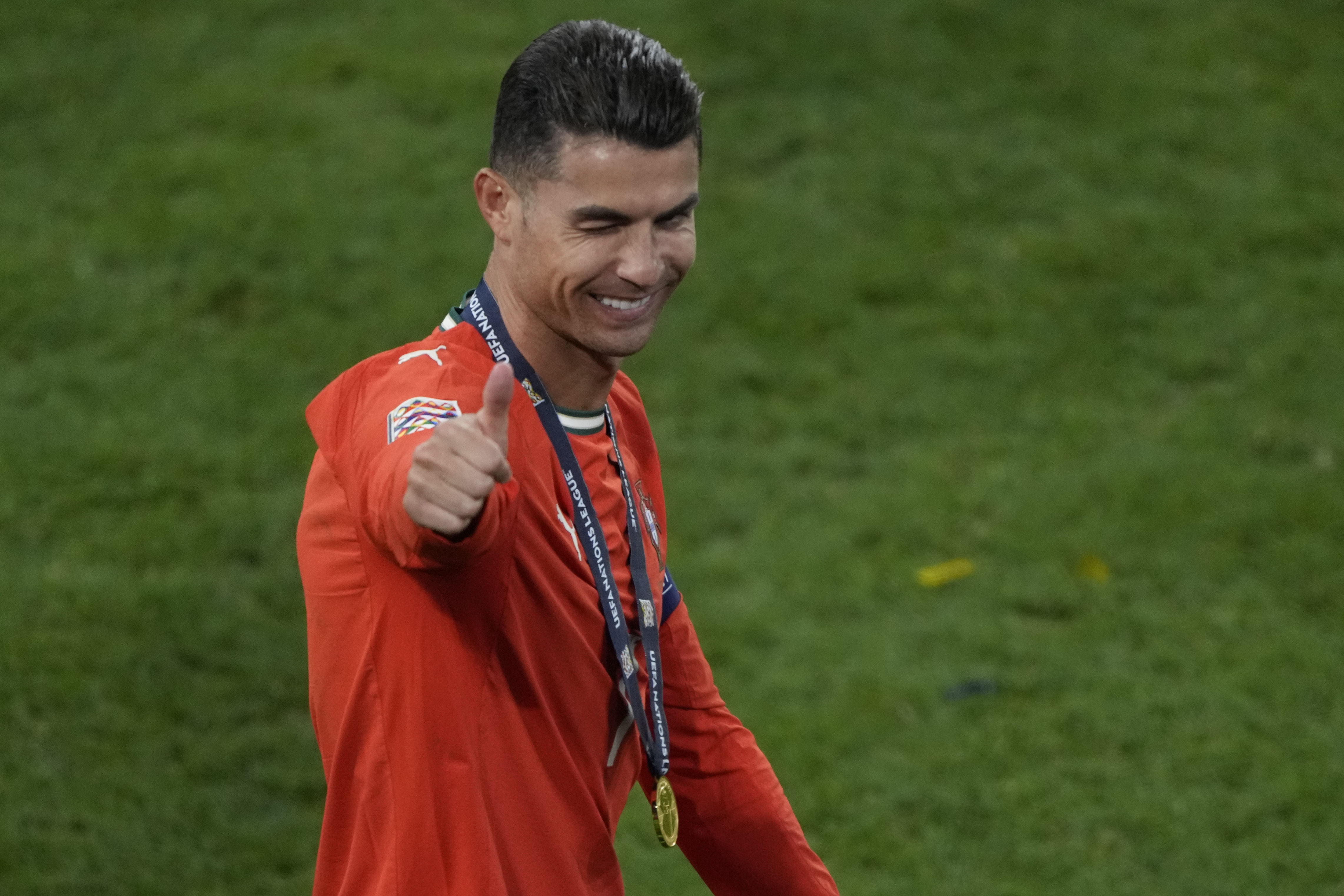 Portugal's Cristiano Ronaldo celebrates after winning the Nations League soccer championship at the Allianz Arena in Munich, Germany, Sunday, June 8, 2025. 