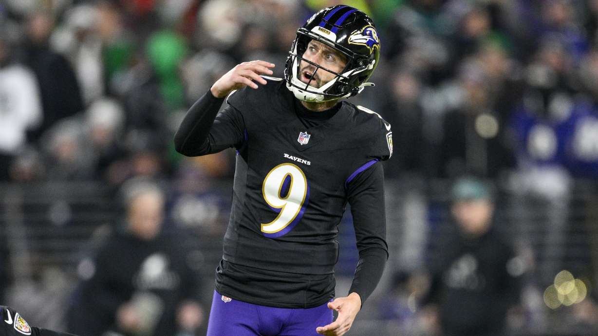 FILE - Baltimore Ravens kicker Justin Tucker watches his kick during the second half of an NFL football game against the Philadelphia Eagles, Dec. 1, 2024, in Baltimore.