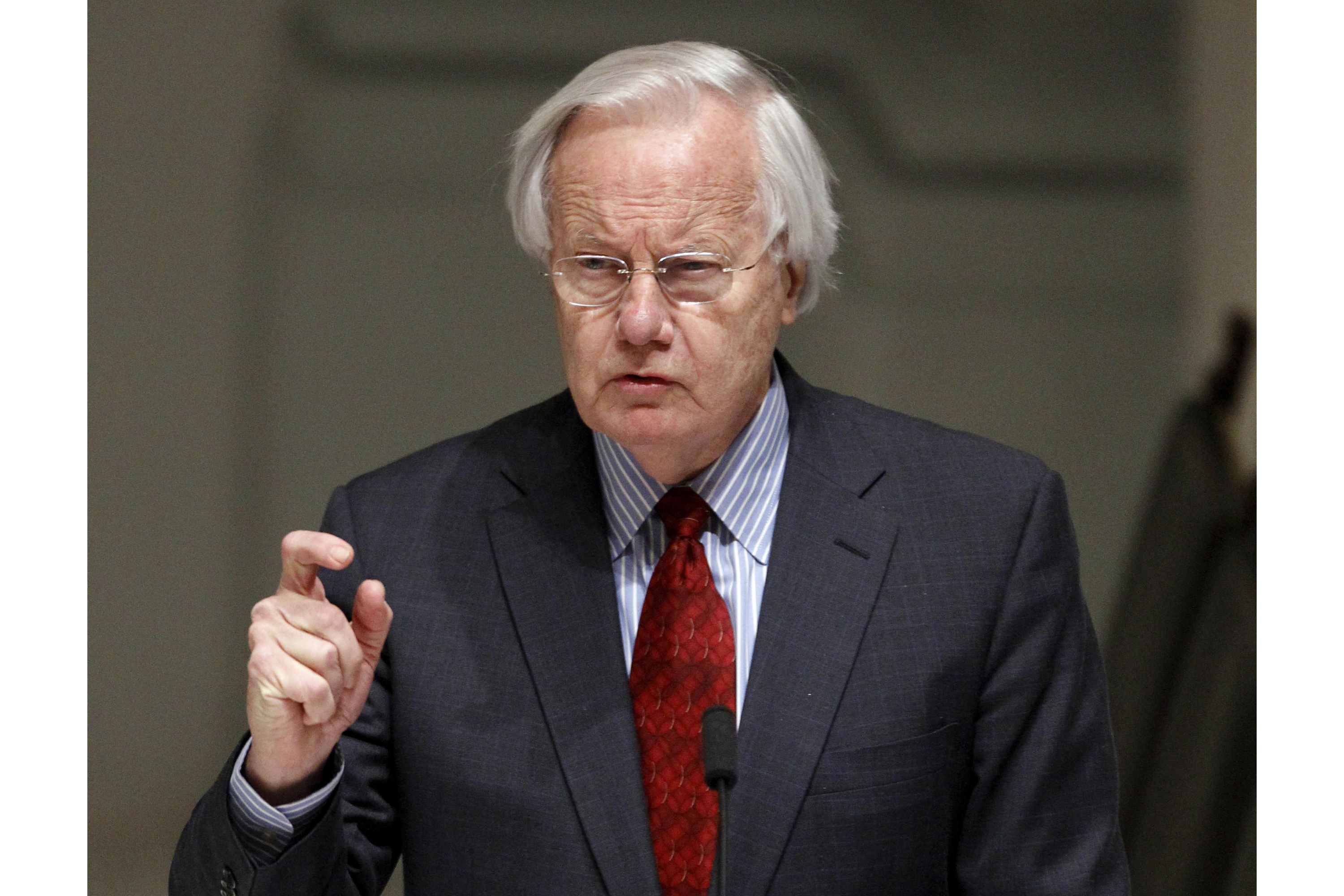 Bill Moyers speaks during the wake for R. Sargent Shriver in Washington on Jan. 21, 2011.