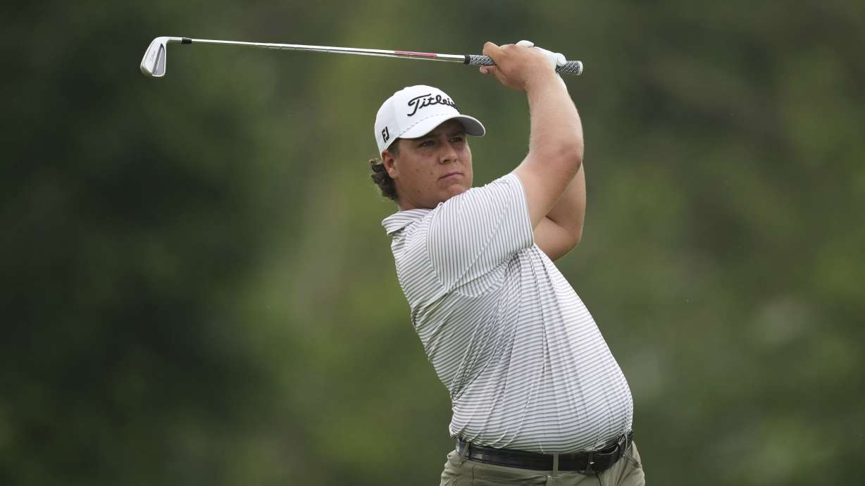 Aldrich Potgieter, of South Africa, hits from the ninth tee during the first round of the Rocket Classic golf tournament at the Detroit Golf Club, Thursday, June 26, 2025, in Detroit.