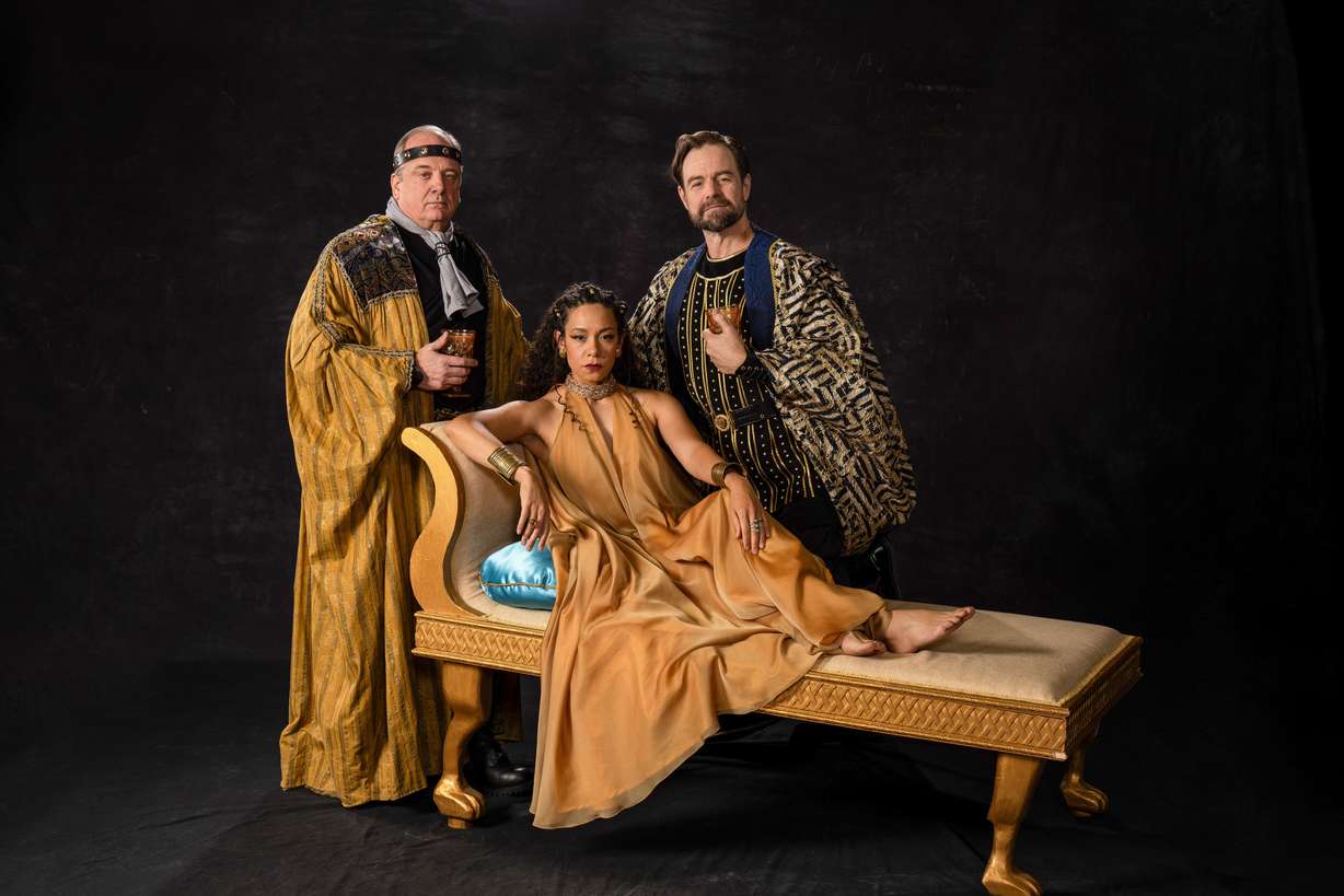 From left, Chris Mixon as Enobarbus, Kathryn Tkel as Cleopatra and Geoffrey Kent as Mark in "Antony and Cleopatra."