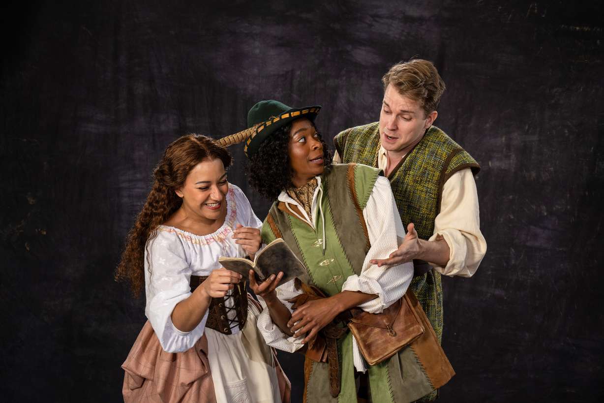From left, Kat Lee as Celia, Kayland Jordan as Rosalind and Gabriel W. Elmore as Orlando in "As You Like It."