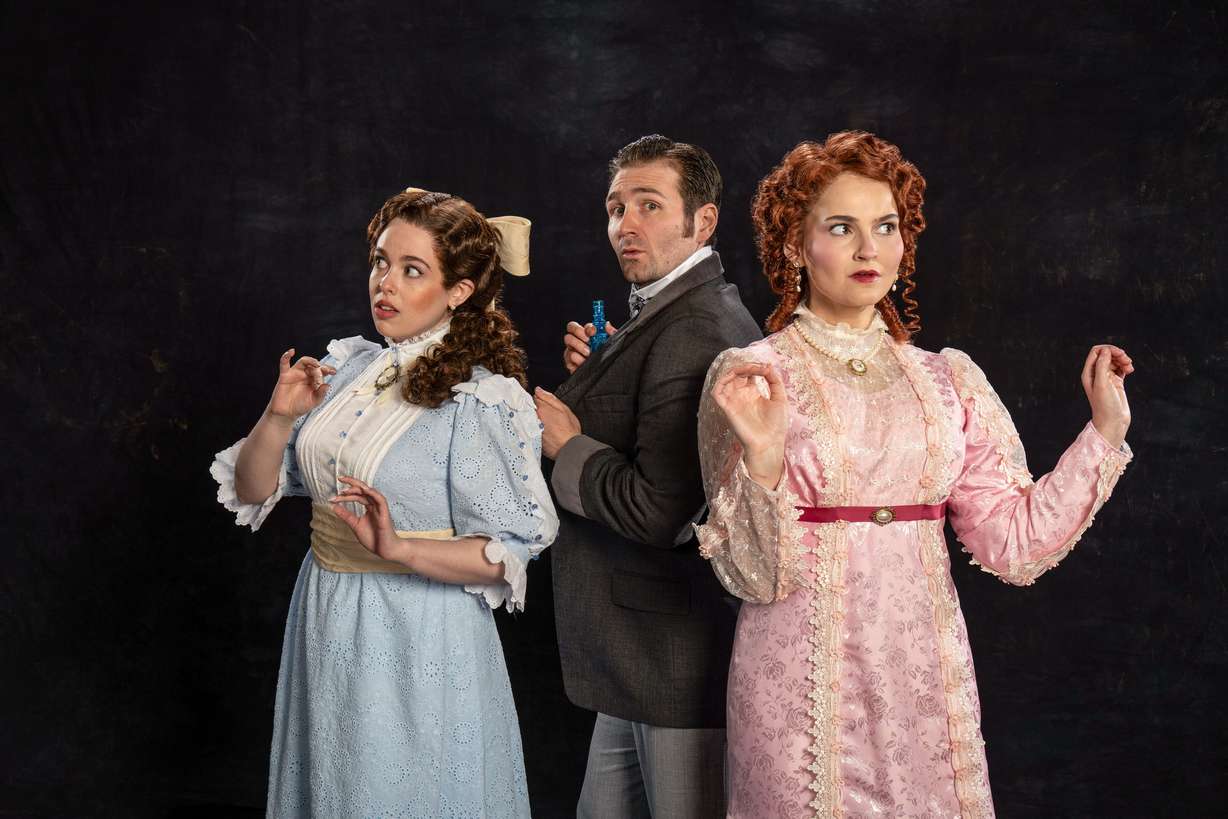 From left, Nicole Eve Goldstein as Phoebe, Rob Riordan as Monty, and Katie Drinkard as Sibella in "A Gentleman's Guide to Love and Murder."