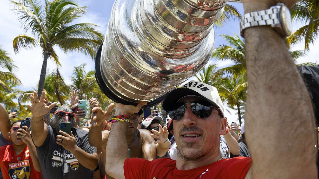 Florida Panthers Brad Marchand celebrates with fans during the NHL hockey team's Stanley Cup championship celebration, Sunday, June 22, 2025, in Fort Lauderdale, Fla