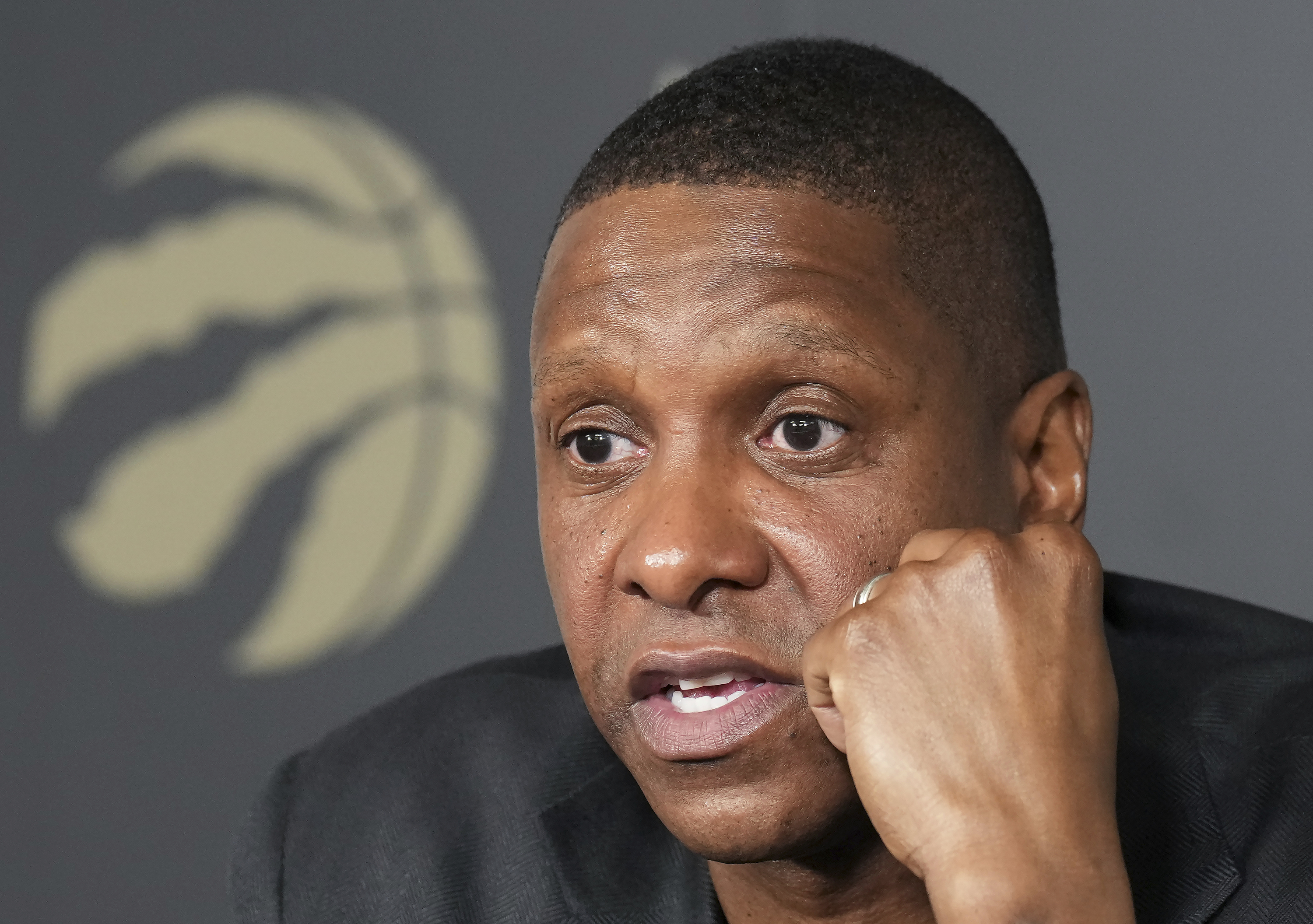 FILE - Toronto Raptors NBA basketball team President Masai Ujiri speaks to the media regarding the recent trades in Toronto, Thursday, Jan. 18, 2024.