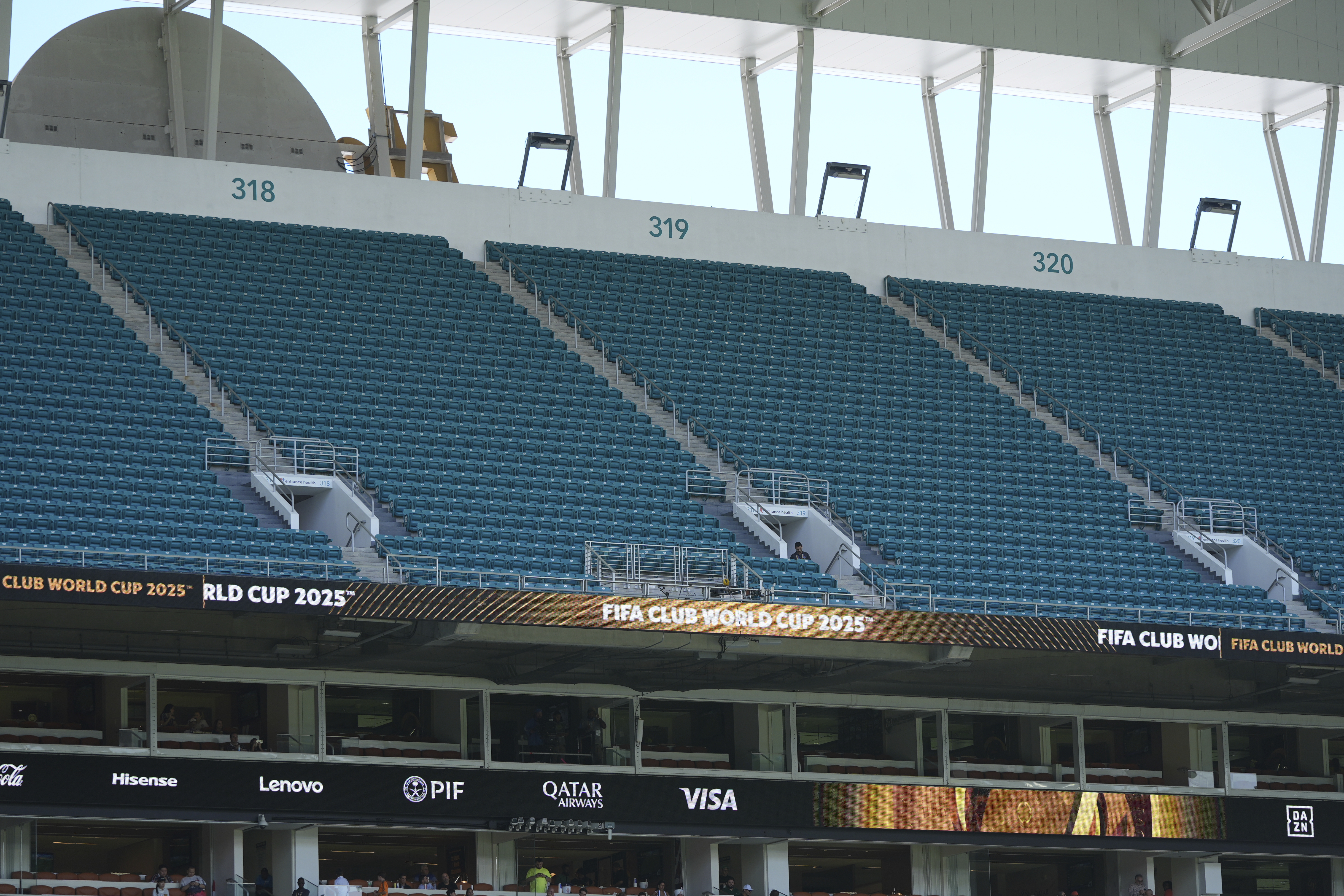 Seats are empty during the Club World Cup Group F soccer match between Mamelodi Sundowns and Fluminense in Miami Gardens, Fla., Wednesday, June 25, 2025. 