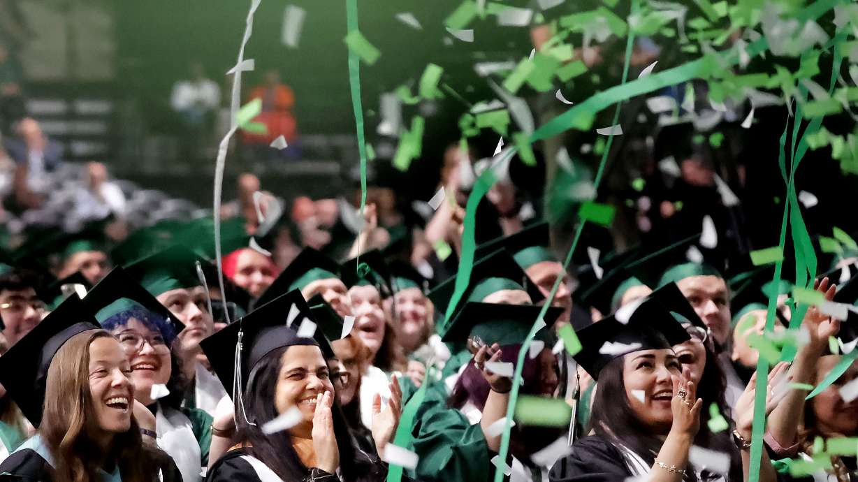 Utah Valley University graduates at commencement in the UCCU Center in Orem on April 30. Recent college graduates are facing one of the toughest job markets in more than a decade, according to The Associated Press.