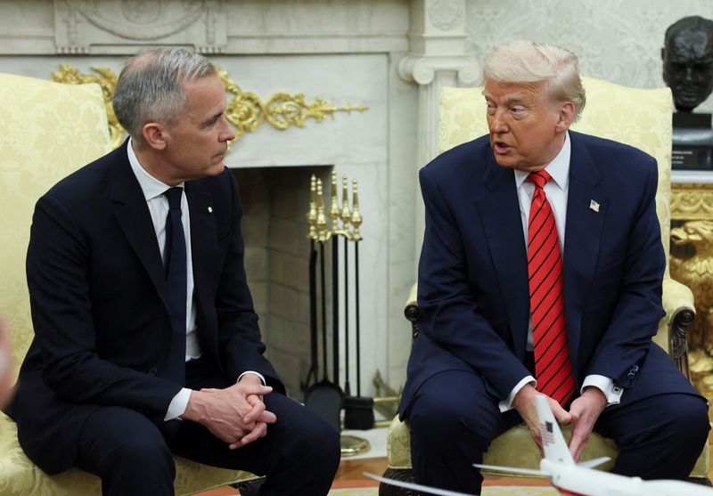President Donald Trump meets with Canadian Prime Minister Mark Carney in the Oval Office, May 6. Trump said trade talks with Canada would not resume "until they straighten out their act."