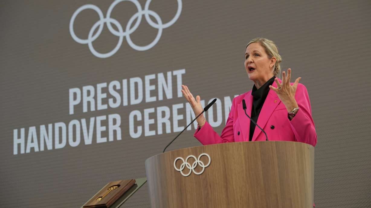 IOC President-elect Kirsty Coventry speaks at the Olympic House in Lausanne, Switzerland, Monday. An effort to protect the female category in sports competitions could change the IOC's policy on transgender athletes.