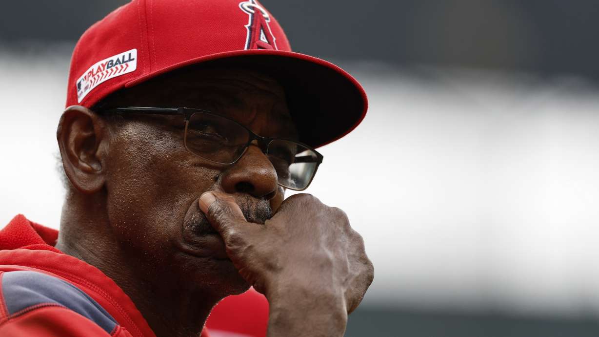 Los Angeles Angels manager Ron Washington looks on from the dugout during a baseball game against the Baltimore Orioles in Baltimore, Saturday, June 14, 2025.