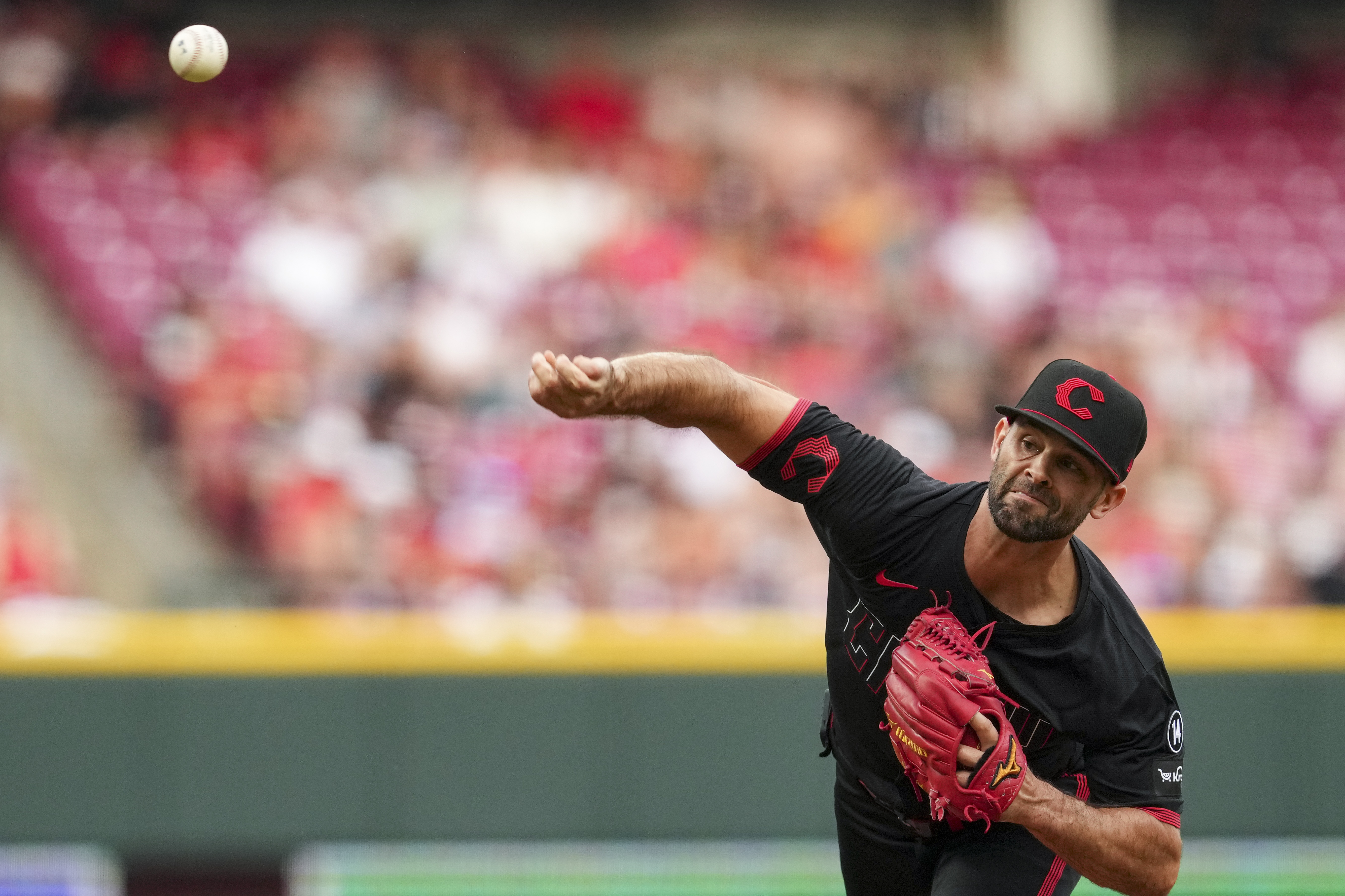 Cincinnati Reds pitcher Nick Martinez throws during the first inning of a baseball game against the San Diego Padres, Friday, June 27, 2025, in Cincinnati. 