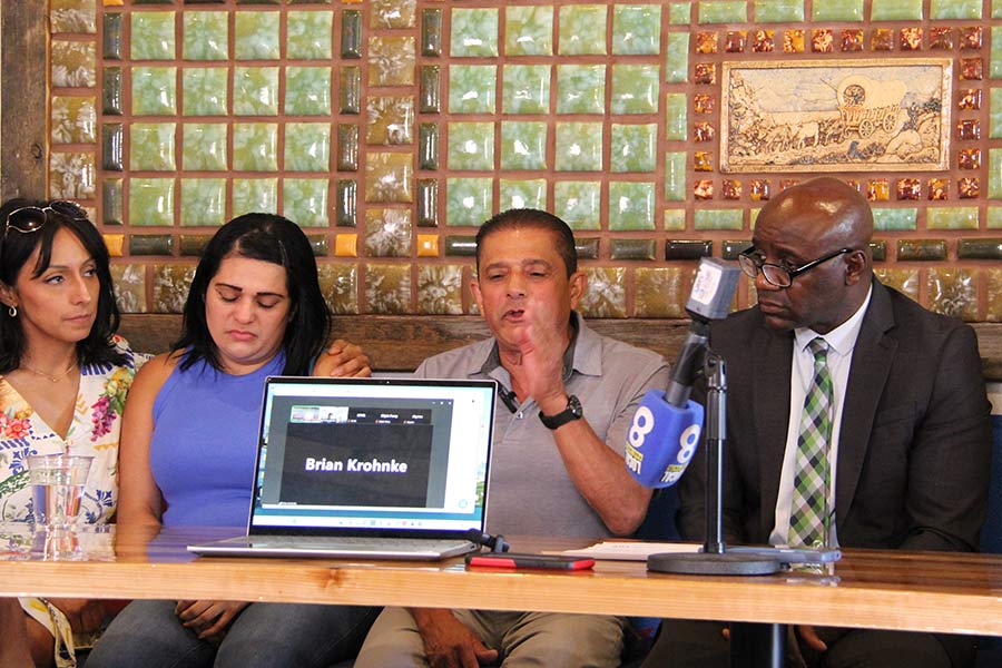 Luis Alicea, grandfather and guardian of Victor Perez, speaks next to Perez’s mother, Wanda Alicea, and attorney James Cook, Thursday. The family filed a civil lawsuit against Pocatello police accusing the department of violating Perez's civil rights.