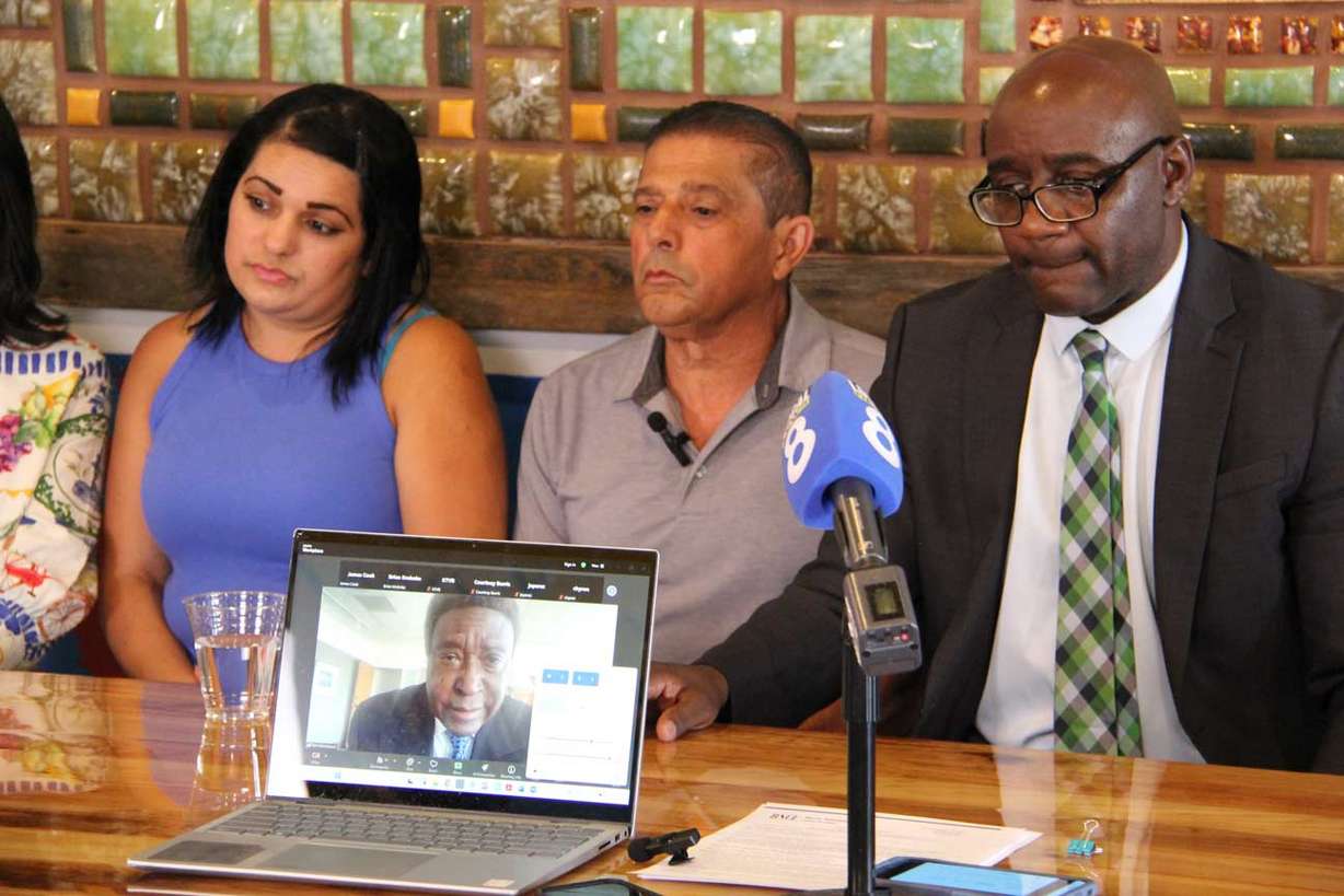 John Burris speaks over Zoom at a press conference announcing the filing of a civil lawsuit by the family of Victor Perez Thursday. Burris said Perez's rights were violated when he was shot and killed in April.
