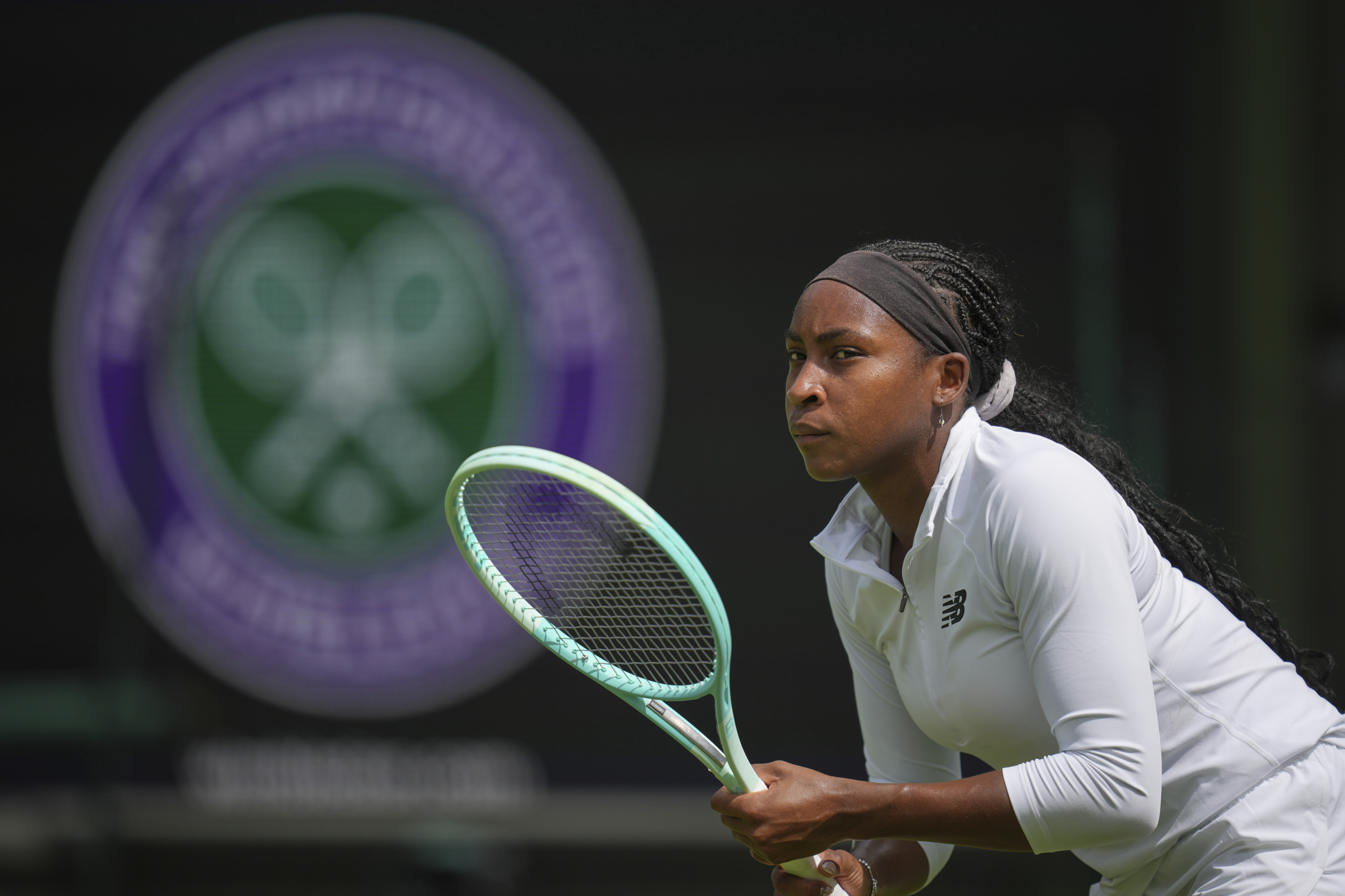 Coco Gauff of United States attends a practice session ahead of the Wimbledon Championships in London, Friday, June 27, 2025. 