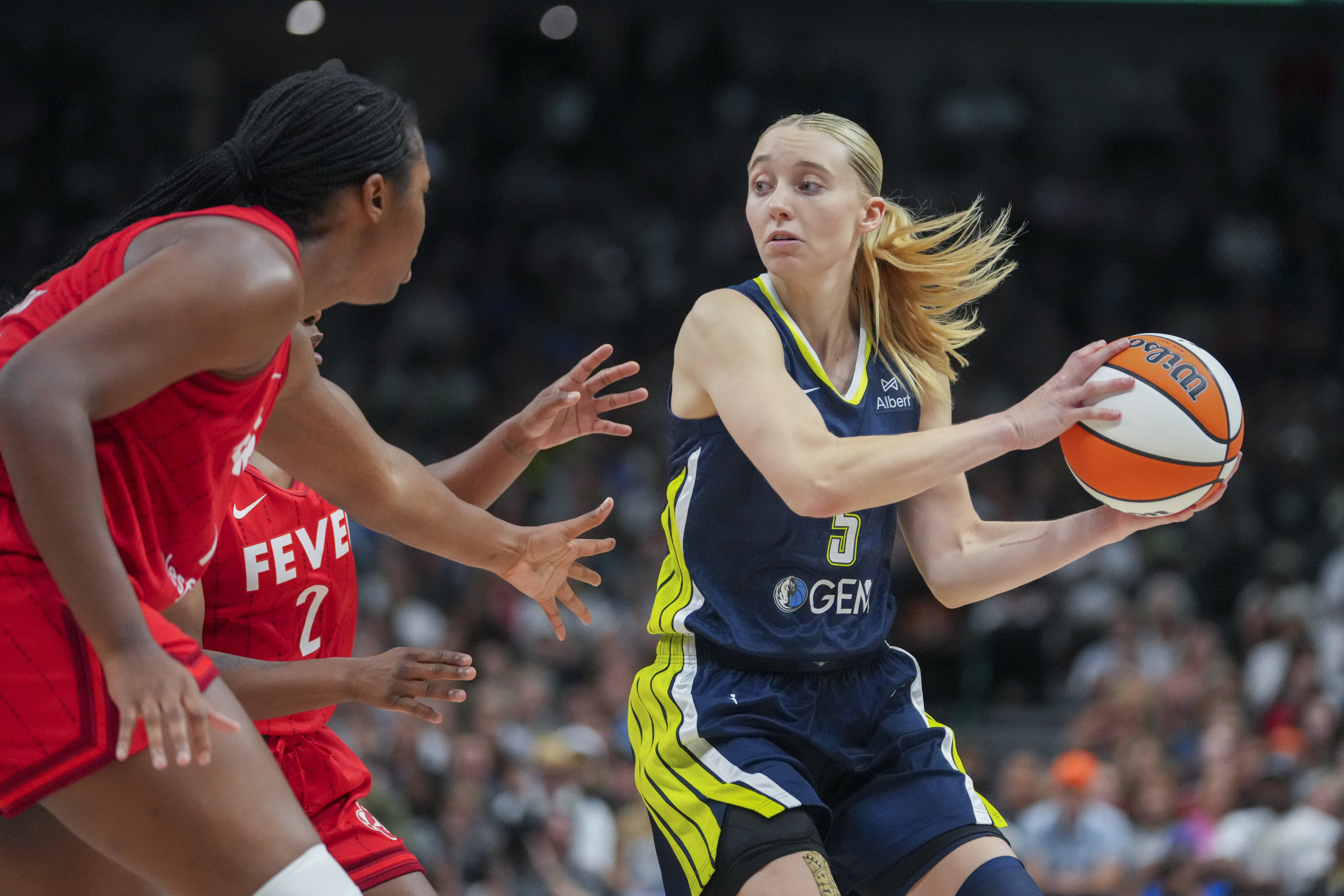 Dallas Wings guard Paige Bueckers works the floor against the Indiana Fever during the first half of a WNBA basketball game Friday, June 27, 2025, in Dallas.