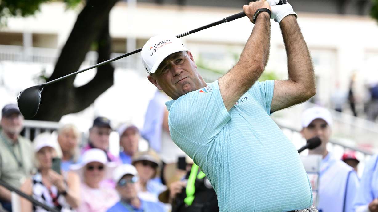 Stewart Cink hits from the first tee during the third round of the U.S. Senior Open Championship golf tournament at The Broadmoor, Saturday, June 28, 2025, in Colorado Springs, Colo.