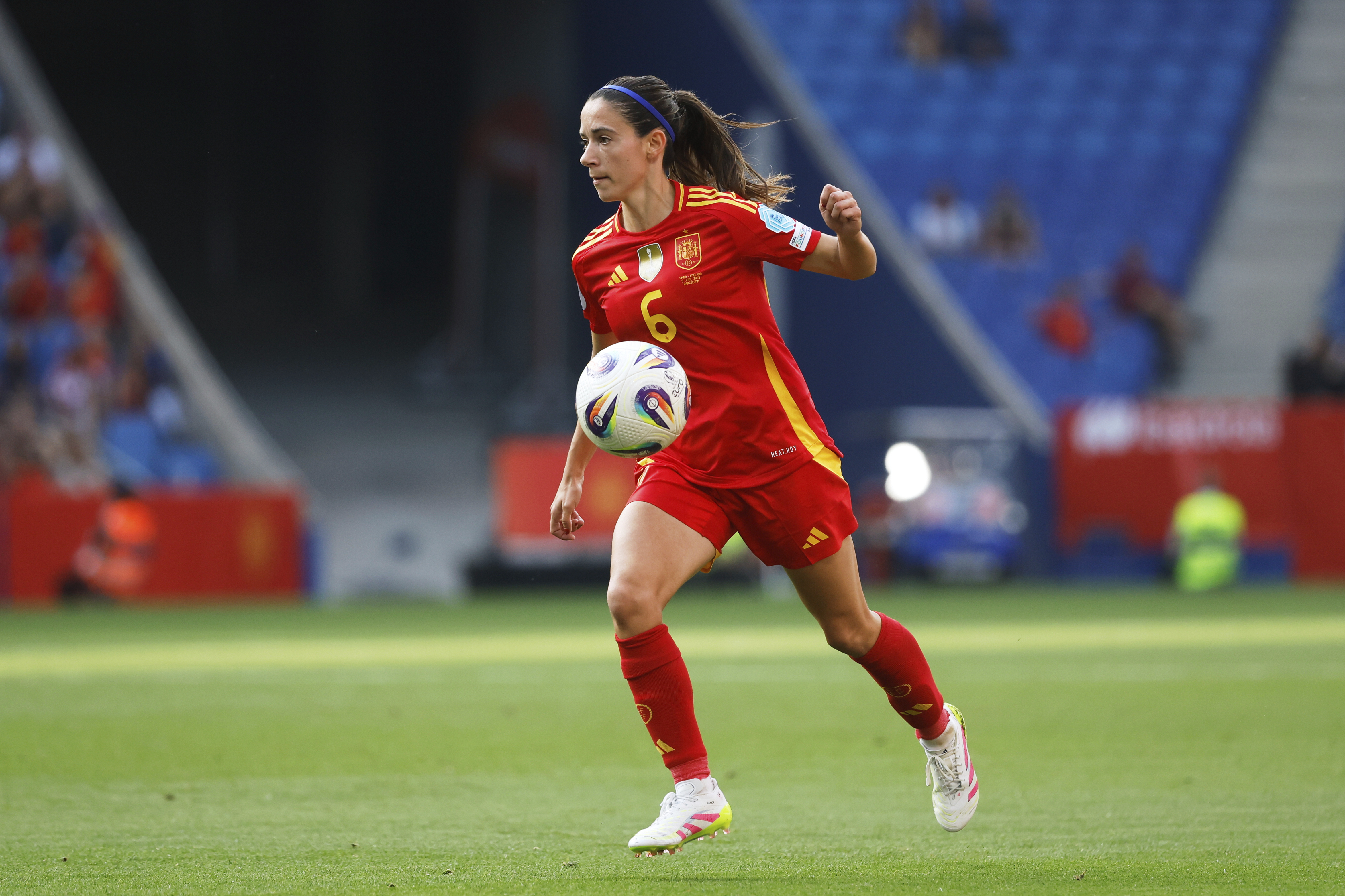 Spain's Aitana Bonmati controls the ball during the women's Nations League soccer match between Spain and England at the RCD Espanyol Stadium, in Barcelona, Spain, Tuesday, June 3, 2025. 