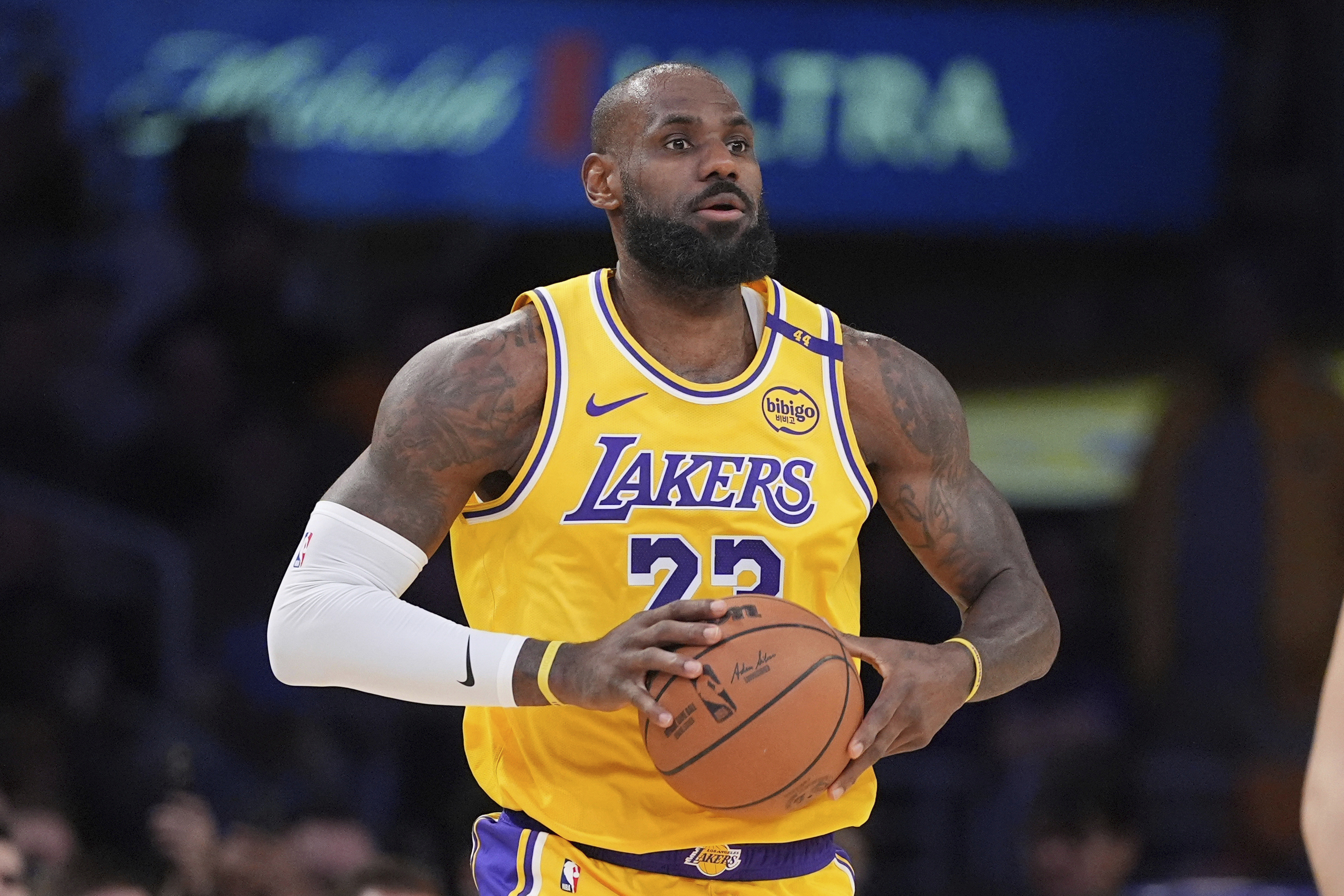 FILE - Los Angeles Lakers forward LeBron James appears during the first half of an NBA basketball game against the Utah Jazz, on Feb. 10, 2025, in Los Angeles. 