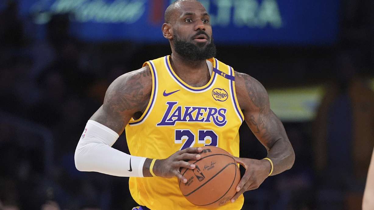 FILE - Los Angeles Lakers forward LeBron James appears during the first half of an NBA basketball game against the Utah Jazz, on Feb. 10, 2025, in Los Angeles.