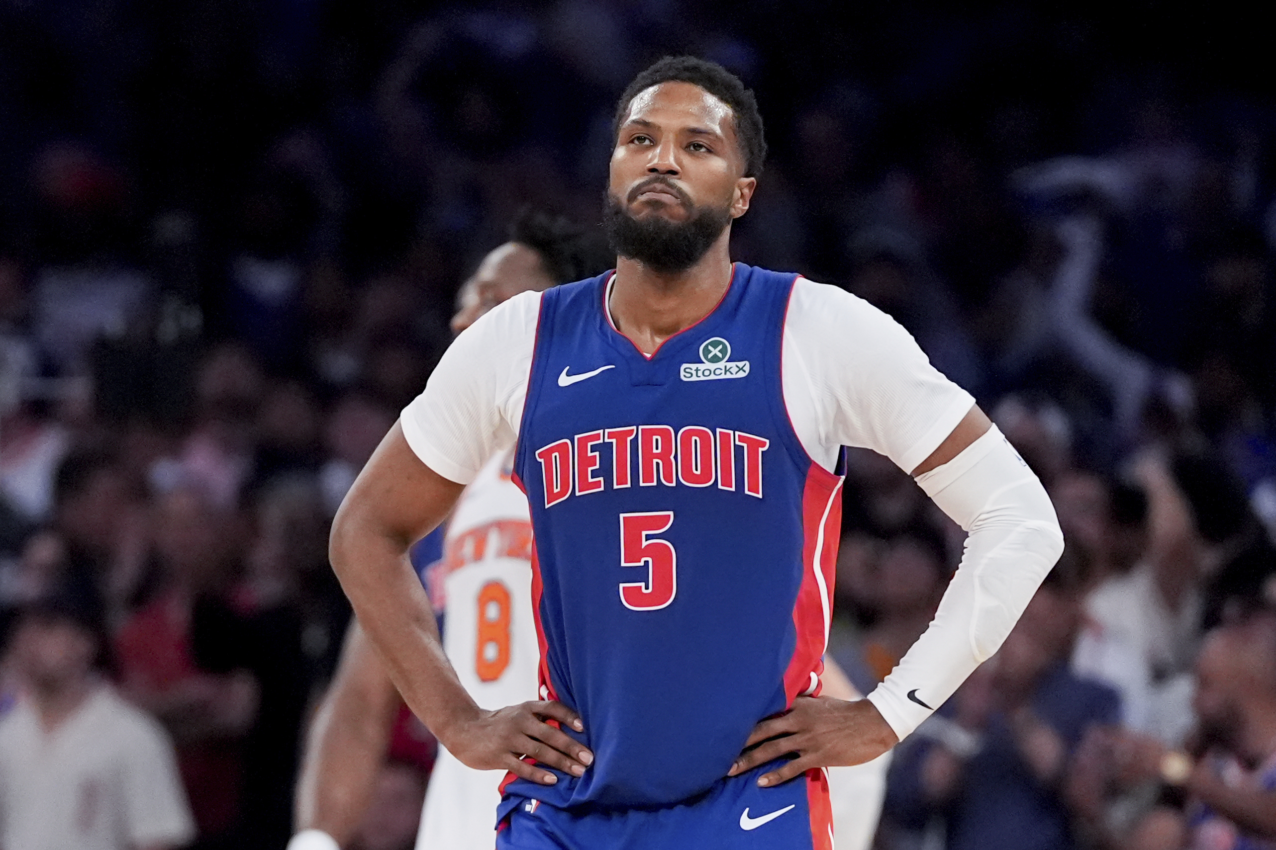 FILE - Detroit Pistons guard Malik Beasley reacts during the second half of Game 1 in an NBA basketball first-round playoff series against the New York Knicks, April 19, 2025, in New York. 