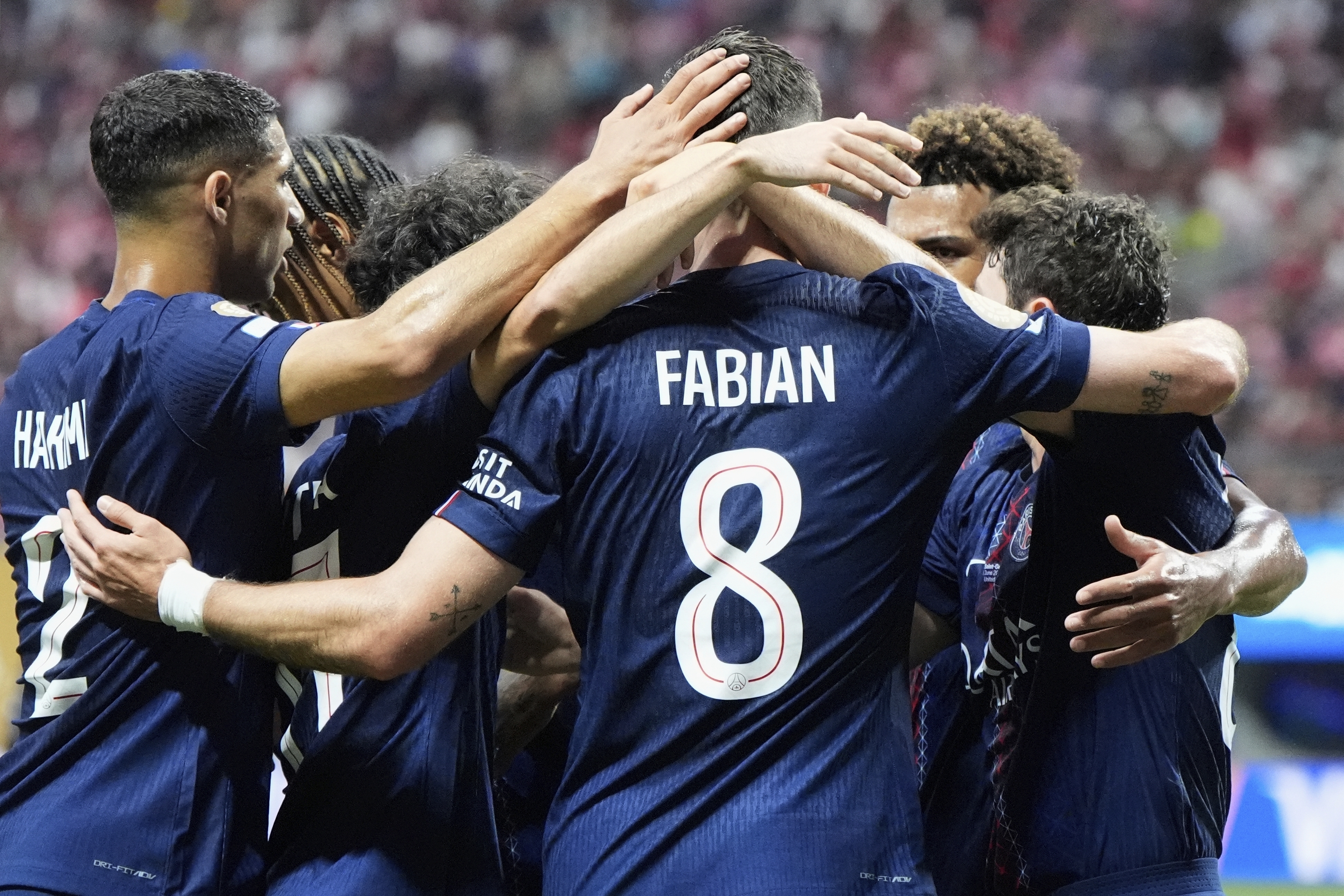 Paris Saint-Germain team celebrates the second goal by Paris Saint-Germain's Joao Neves during the Club World Cup round of 16 soccer match between PSG and Inter Miami in Atlanta, Sunday, June 29, 2025. 