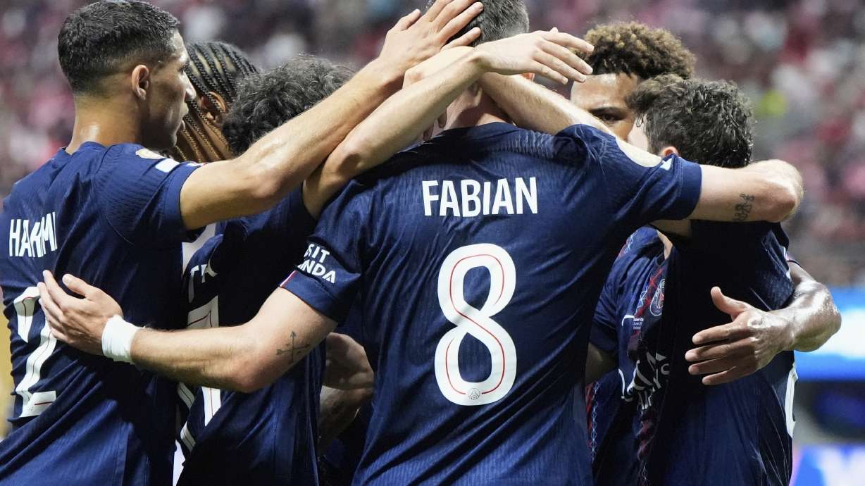 Paris Saint-Germain team celebrates the second goal by Paris Saint-Germain's Joao Neves during the Club World Cup round of 16 soccer match between PSG and Inter Miami in Atlanta, Sunday, June 29, 2025.