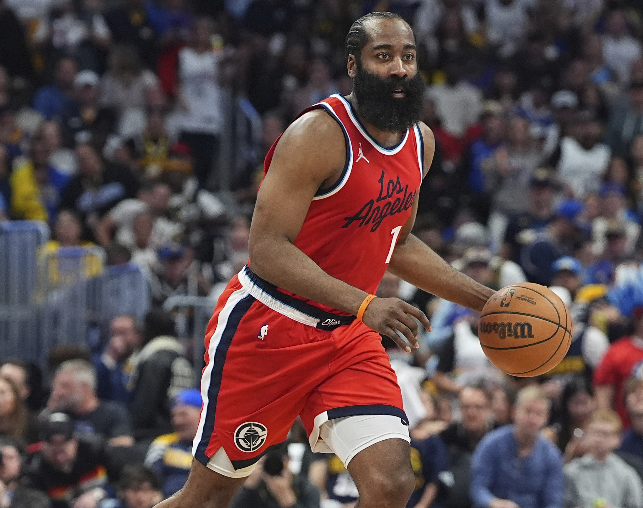 FILE - Los Angeles Clippers guard James Harden (1) in the second half of Game 7 of an NBA basketball first-round playoff series Saturday, May 3, 2025, in Denver. 