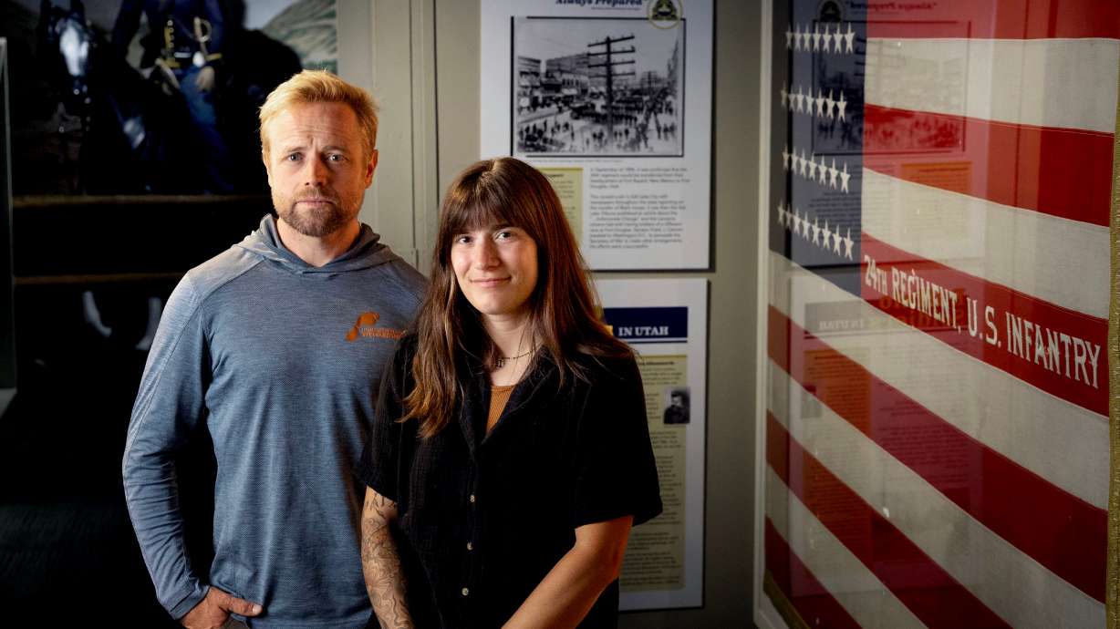 Ian Wright and Lexi Little, in charge of the Buffalo Soldiers project that is bringing attention to the all-Black regiment of U.S. Army soldiers, in the Fort Douglas Military Museum in Salt Lake City on June 12.