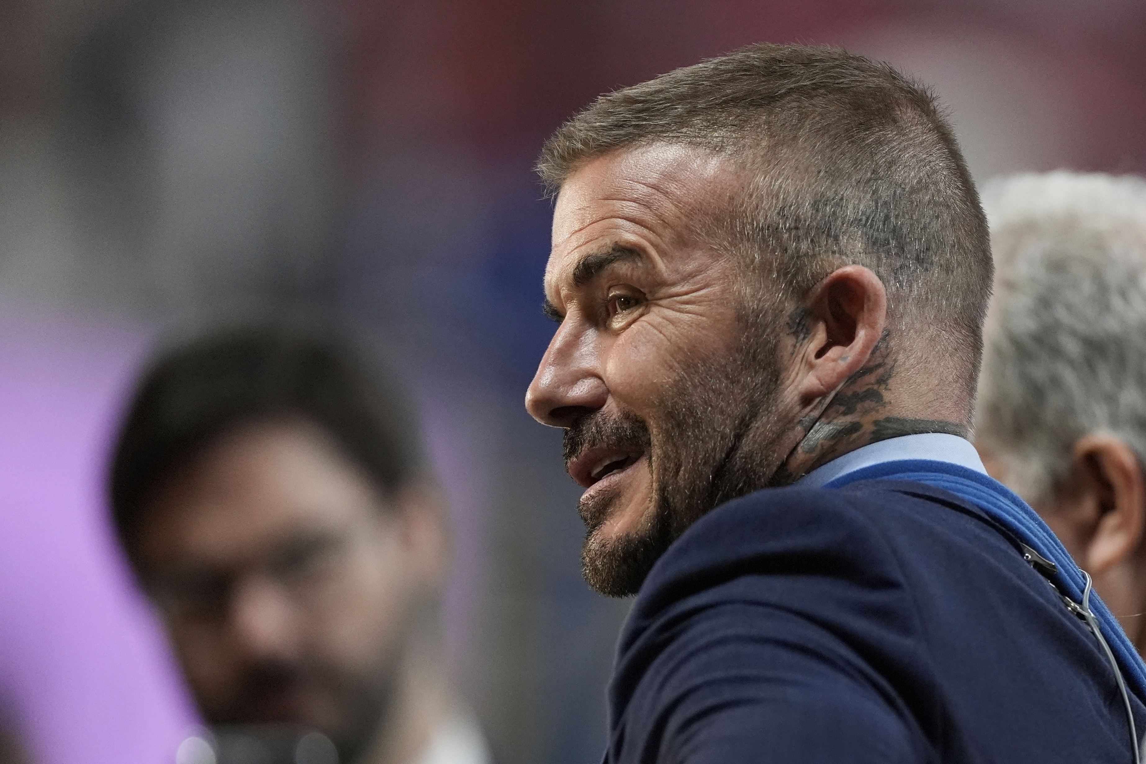 Inter Miami co-owner David Beckham prepares for an interview ahead of the Club World Cup round of 16 soccer match between PSG and Inter Miami in Atlanta, Sunday, June 29, 2025. 