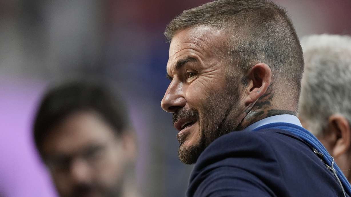 Inter Miami co-owner David Beckham prepares for an interview ahead of the Club World Cup round of 16 soccer match between PSG and Inter Miami in Atlanta, Sunday, June 29, 2025.