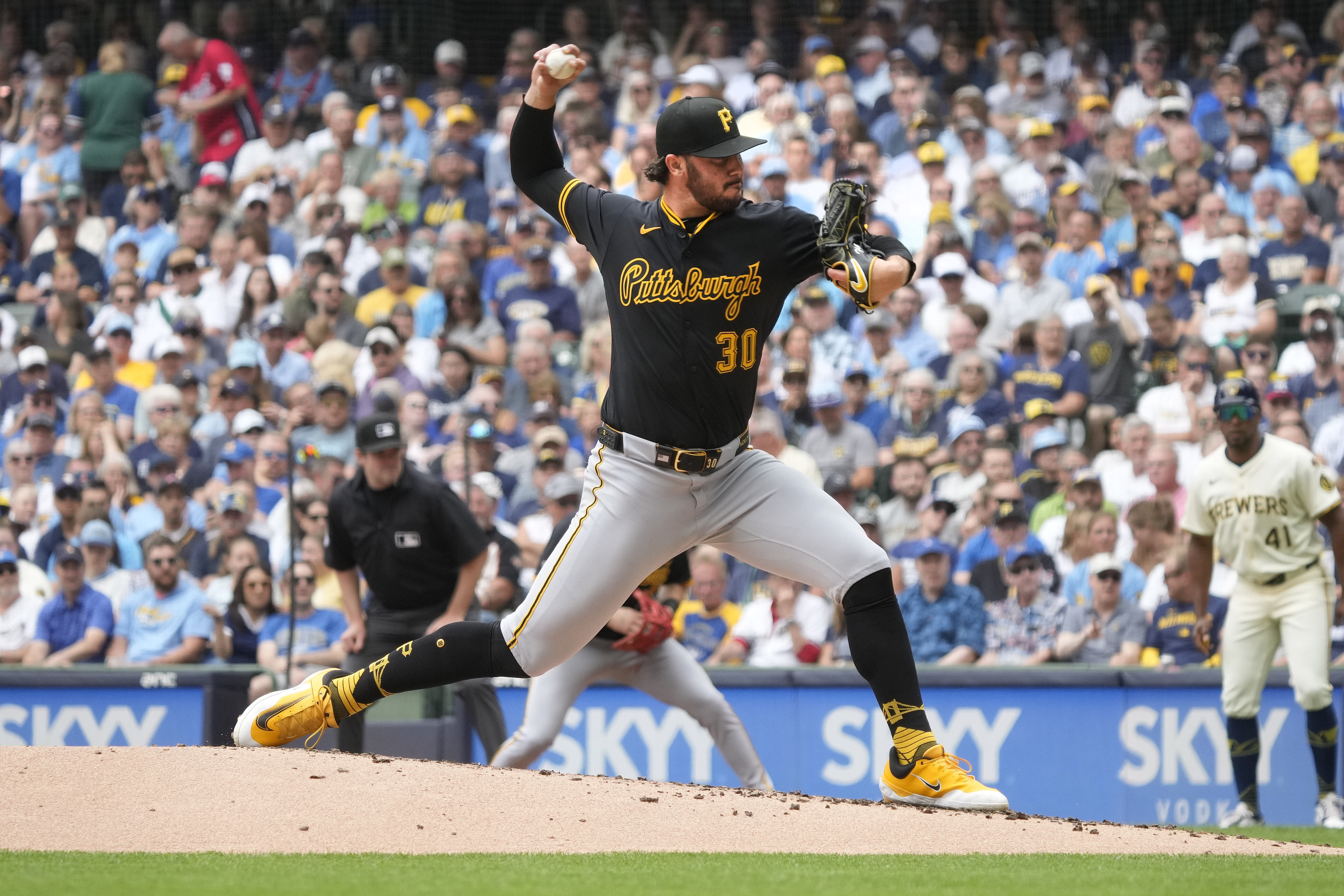 Pittsburgh Pirates pitcher Paul Skenes (30) throws during the second inning of a baseball game against the Milwaukee Brewers, Wednesday, June 25, 2025, in Milwaukee.