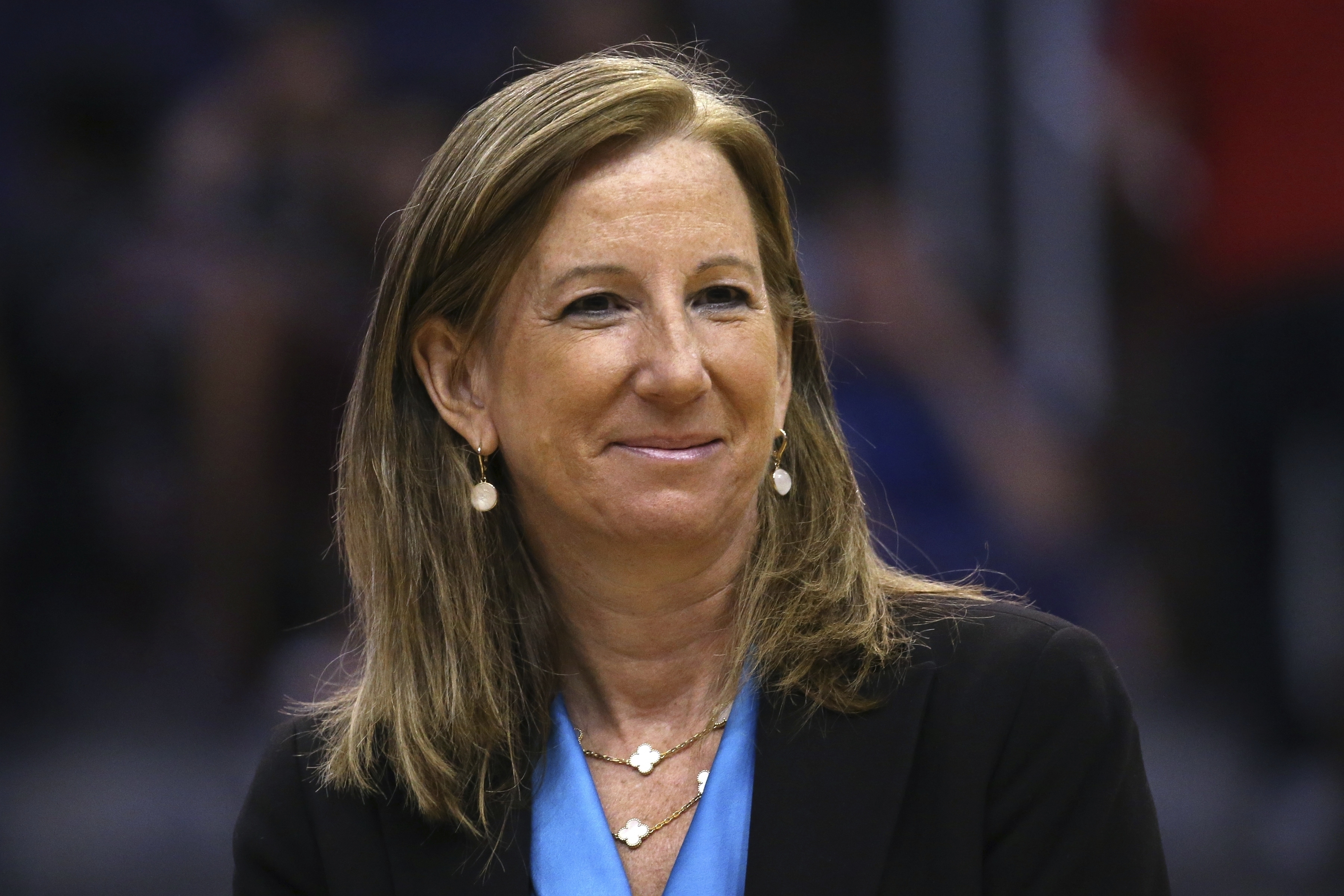 FILE - WNBA Commissioner Cathy Engelbert is honored during a Women of Inspiration ceremony during halftime of a WNBA basketball game between the Phoenix Mercury and the Seattle Storm, Sept. 3, 2019, in Phoenix. 