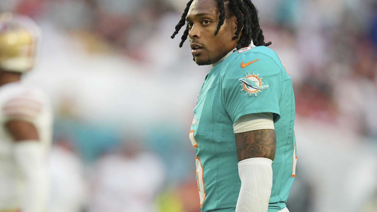 FILE - Miami Dolphins cornerback Jalen Ramsey (5) stands on the field during the first half of an NFL football game against the San Francisco 49ers, Sunday, Dec. 22, 2024, in Miami Gardens, Fla.